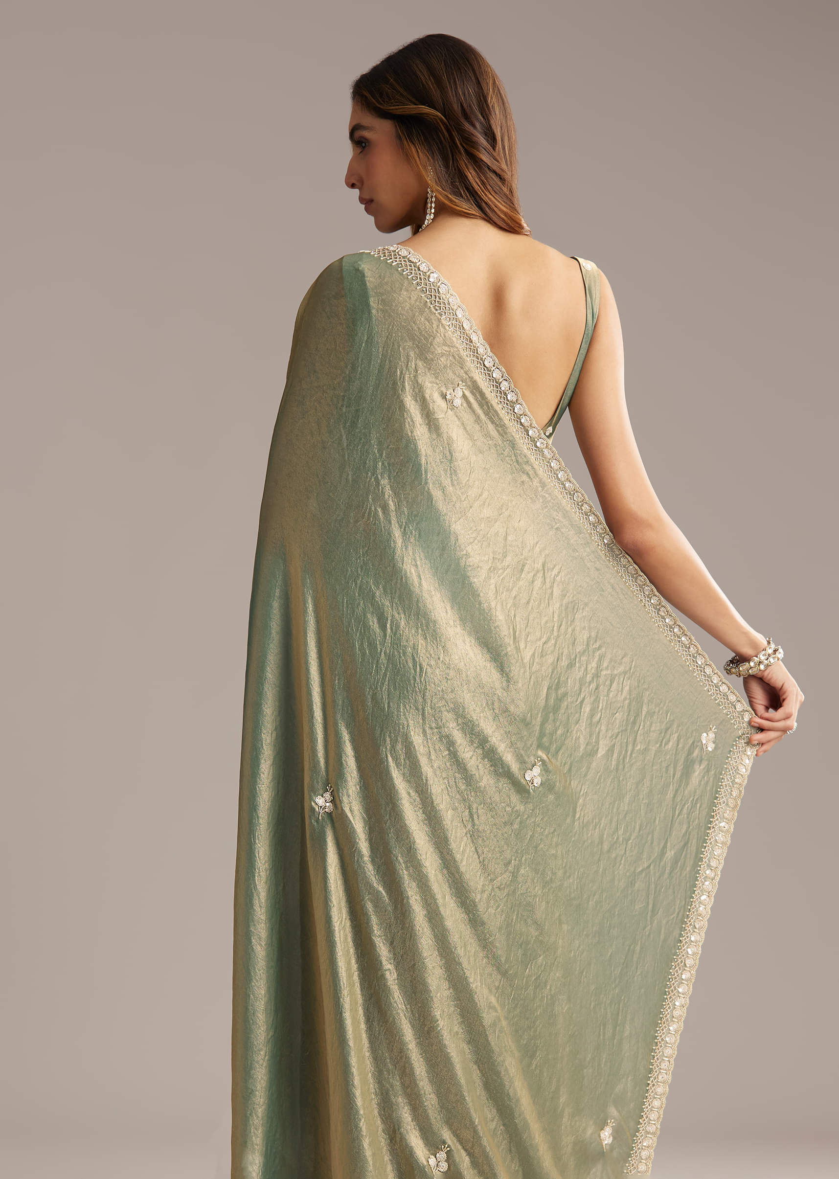 Olive Green Chinon Saree With Velvet Touch And Sequin Work - Image 5