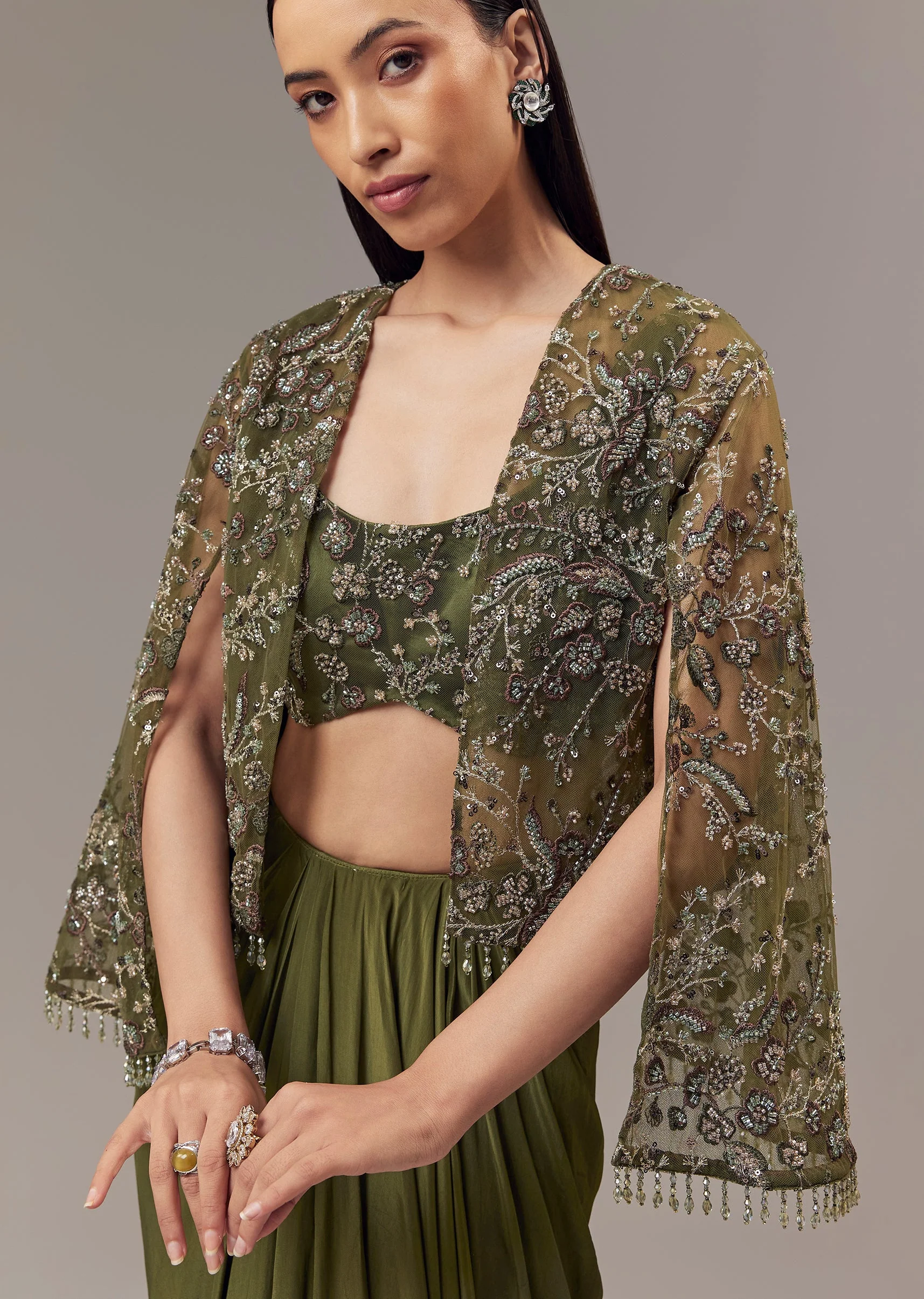 Olive Green Contemporary Duo – Indo Western Crop Top Skirt Set For Her And Jodhpuri Suit For Him - Image 2