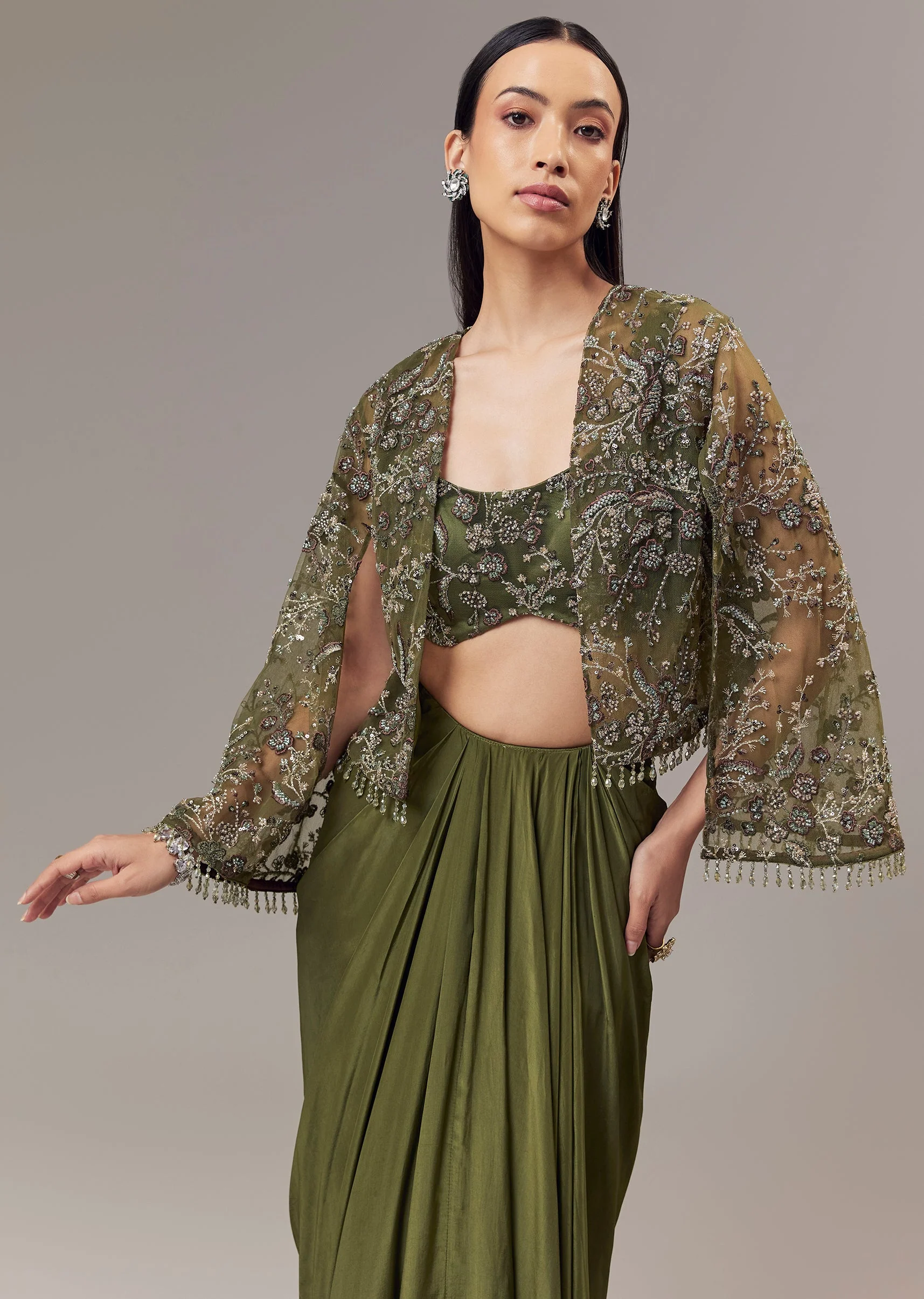 Olive Green Contemporary Duo – Indo Western Crop Top Skirt Set For Her And Jodhpuri Suit For Him - Image 3