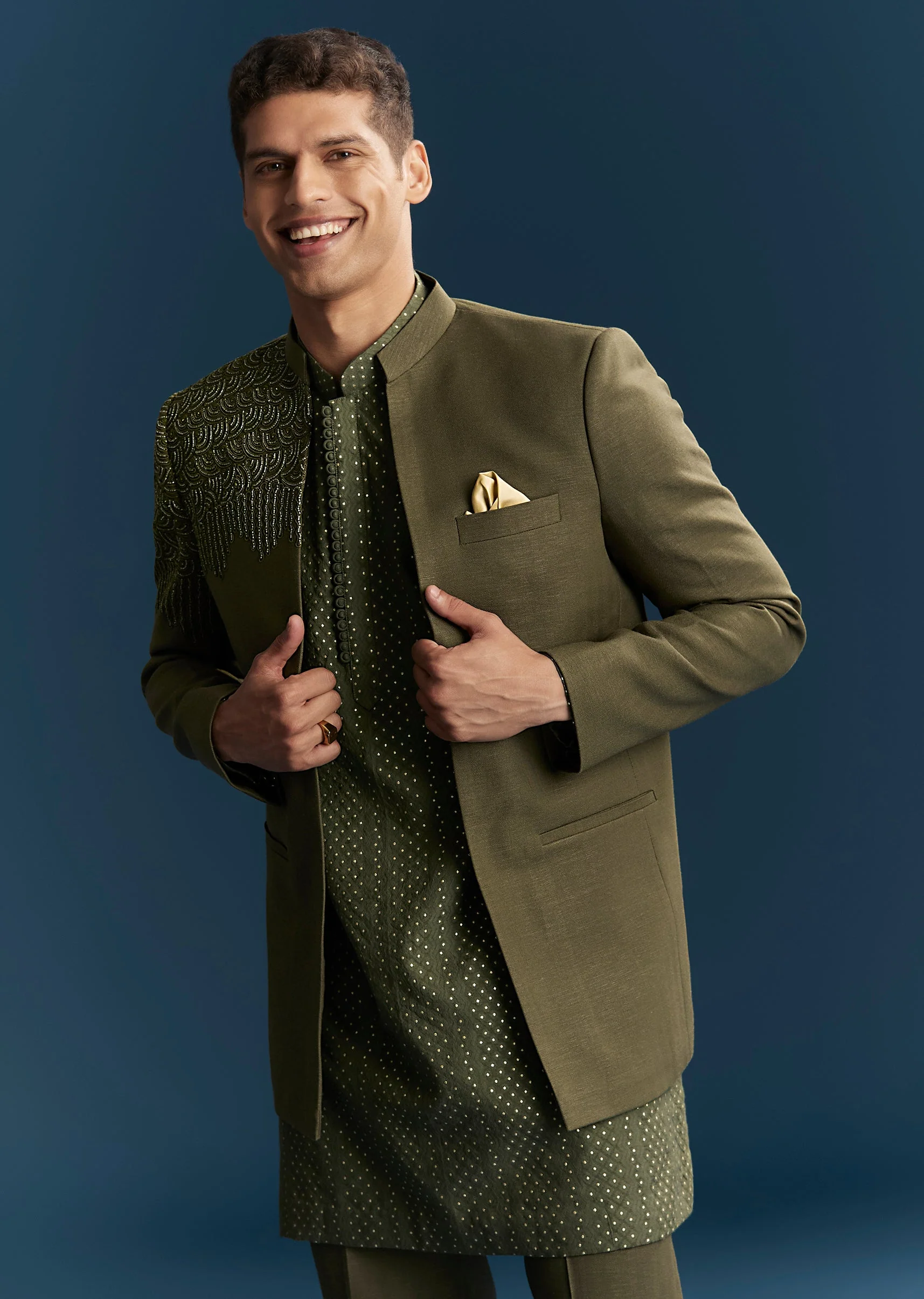 Olive Green Contemporary Duo – Indo Western Crop Top Skirt Set For Her And Jodhpuri Suit For Him - Image 7