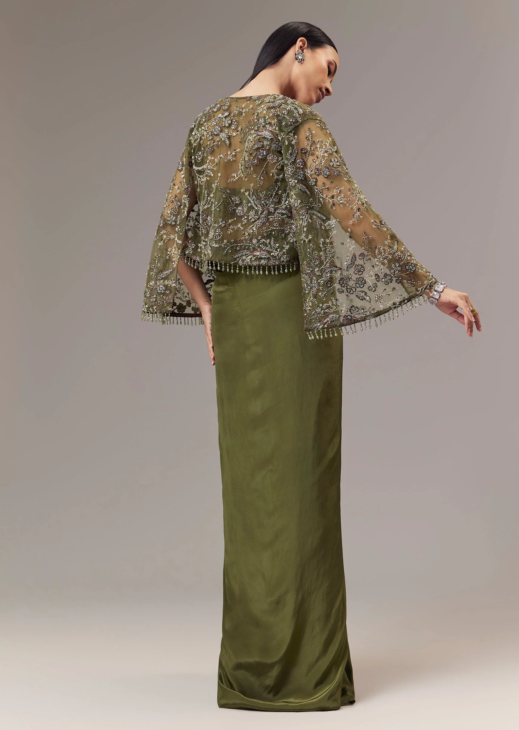 Olive Green Crepe Indo Western Crop Top And Draped Skirt Set With Cape - Image 2