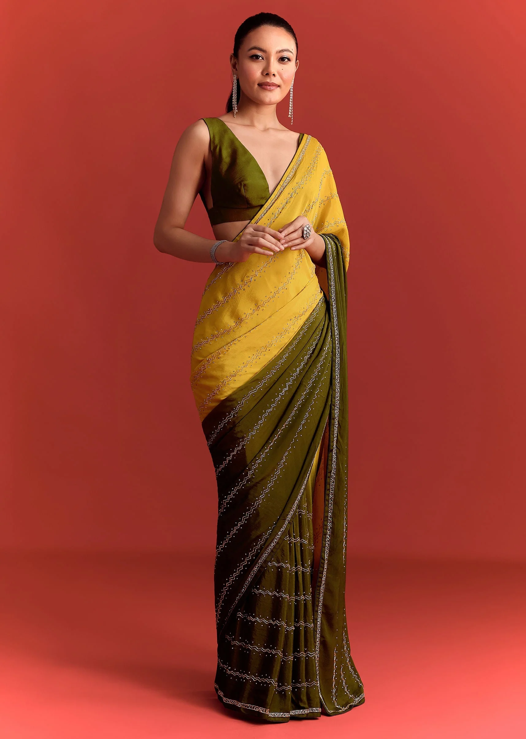 Olive Green Dual Shaded Chinon Saree With Cutdana Work - Image 3