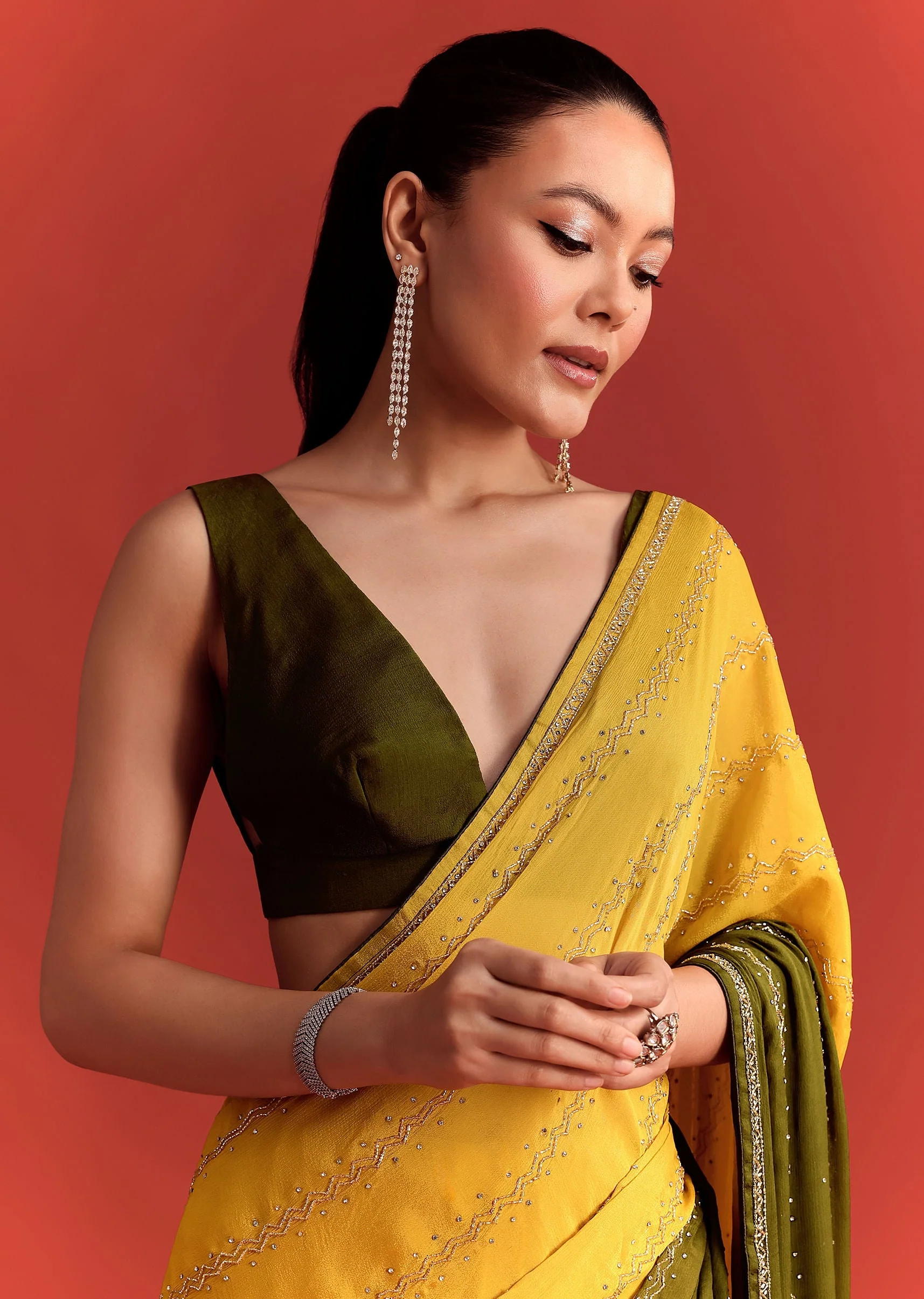 Olive Green Dual Shaded Chinon Saree With Cutdana Work - Image 4