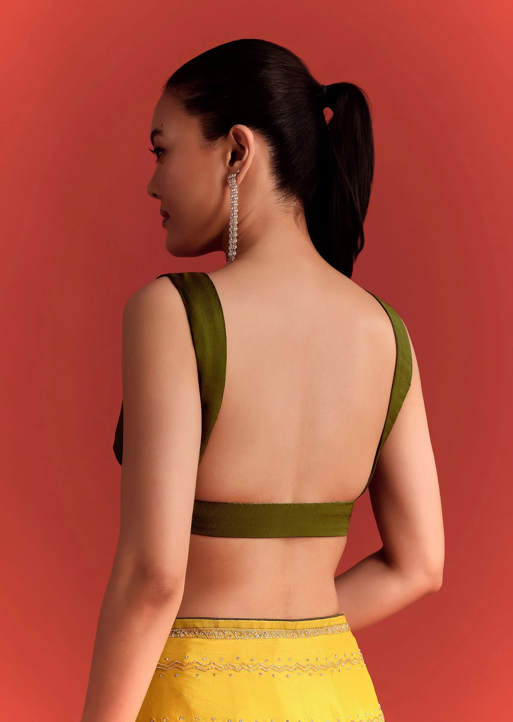 Olive Green Dual Shaded Chinon Saree With Cutdana Work - Image 8