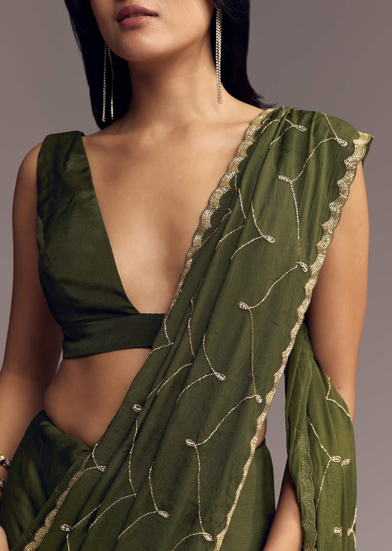 Olive Green Embroidered Chinon Saree With Scallop Border - Image 2