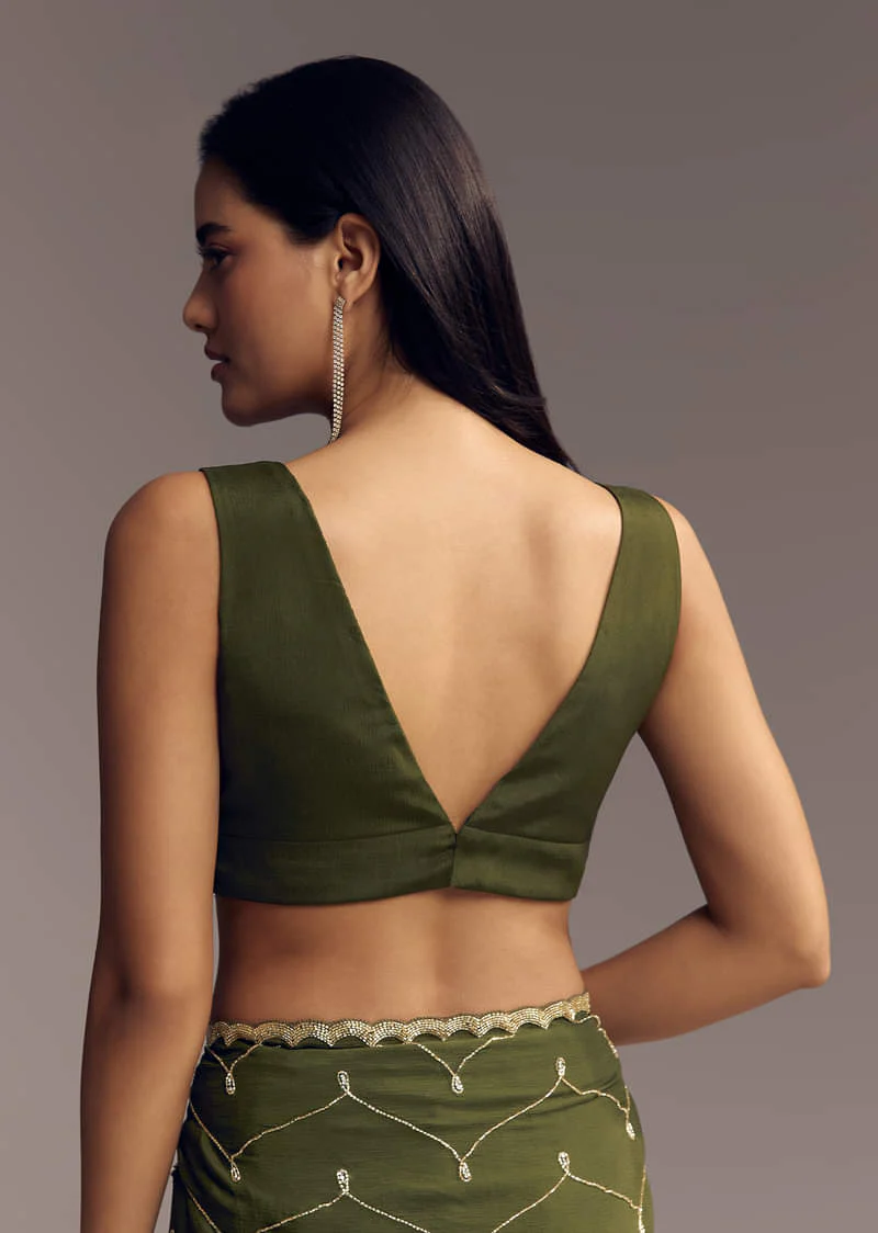 Olive Green Embroidered Chinon Saree With Scallop Border - Image 7