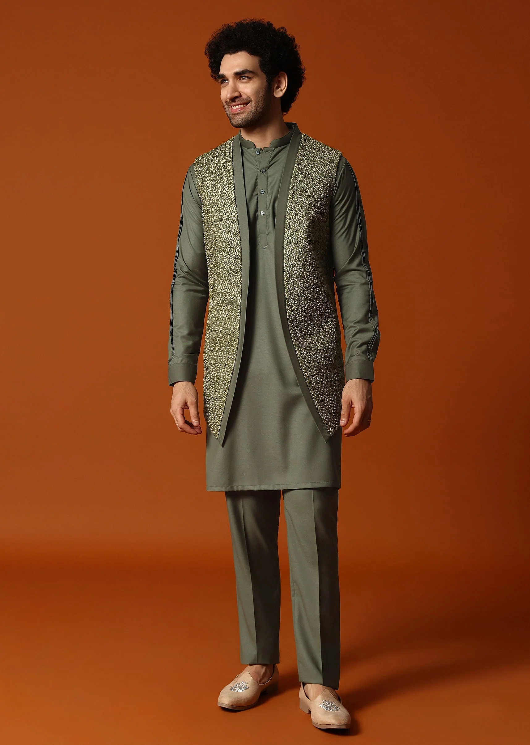 Olive Green Embroidered Kurta Jacket Set For Men - Image 4
