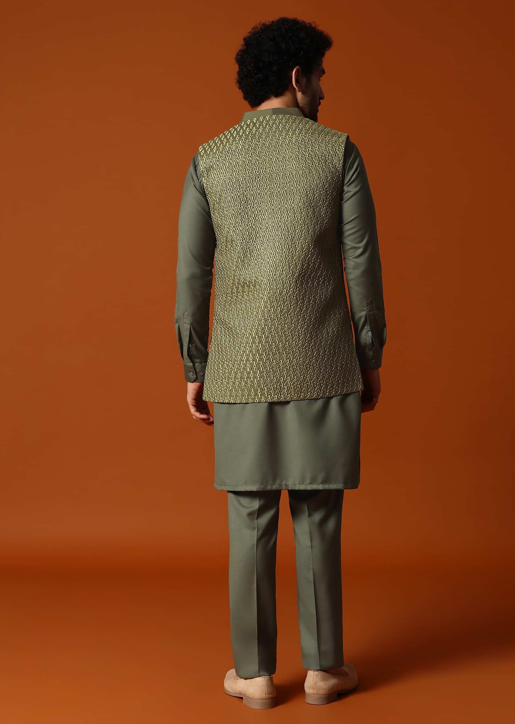 Olive Green Embroidered Kurta Jacket Set For Men - Image 5