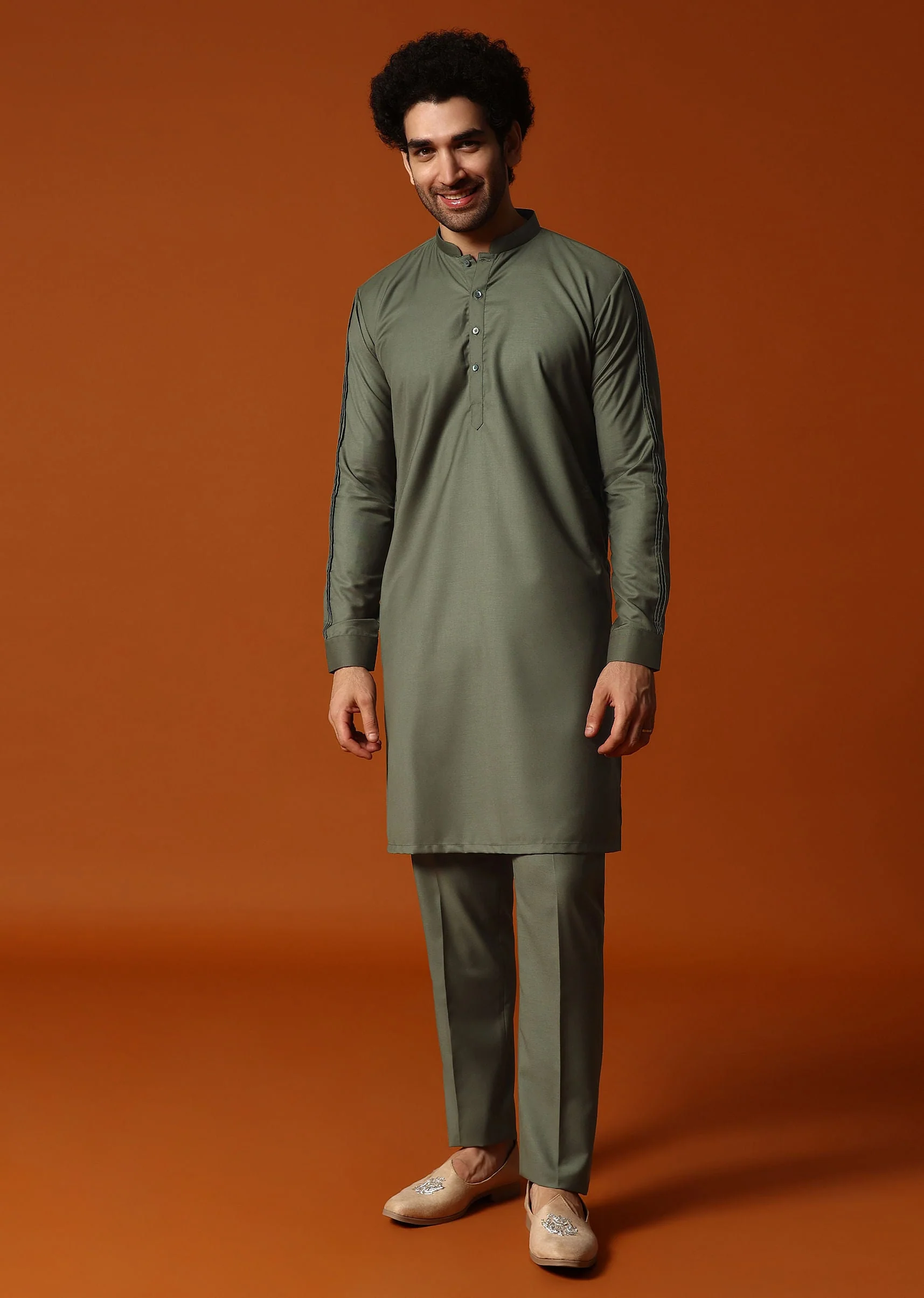 Olive Green Embroidered Kurta Jacket Set For Men - Image 6