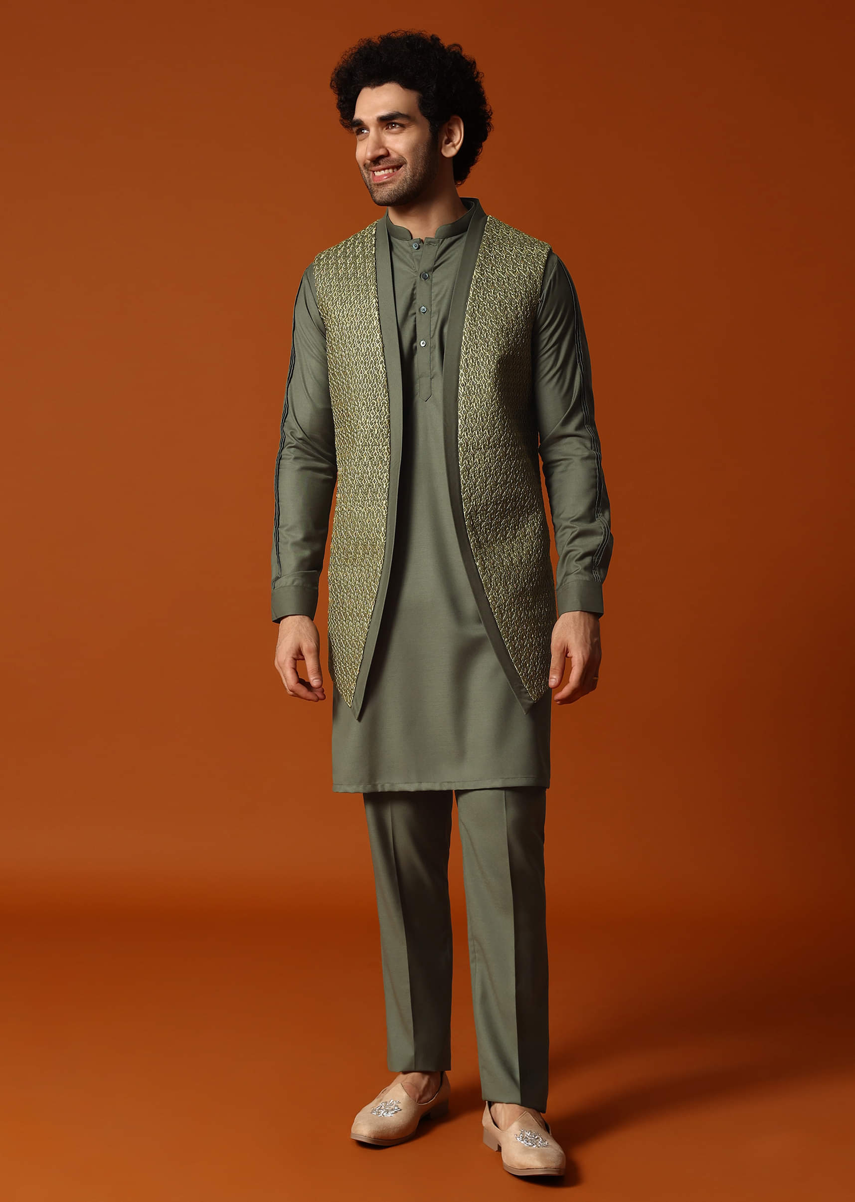 Olive Green Embroidered Kurta Jacket Set For Men - Image 8