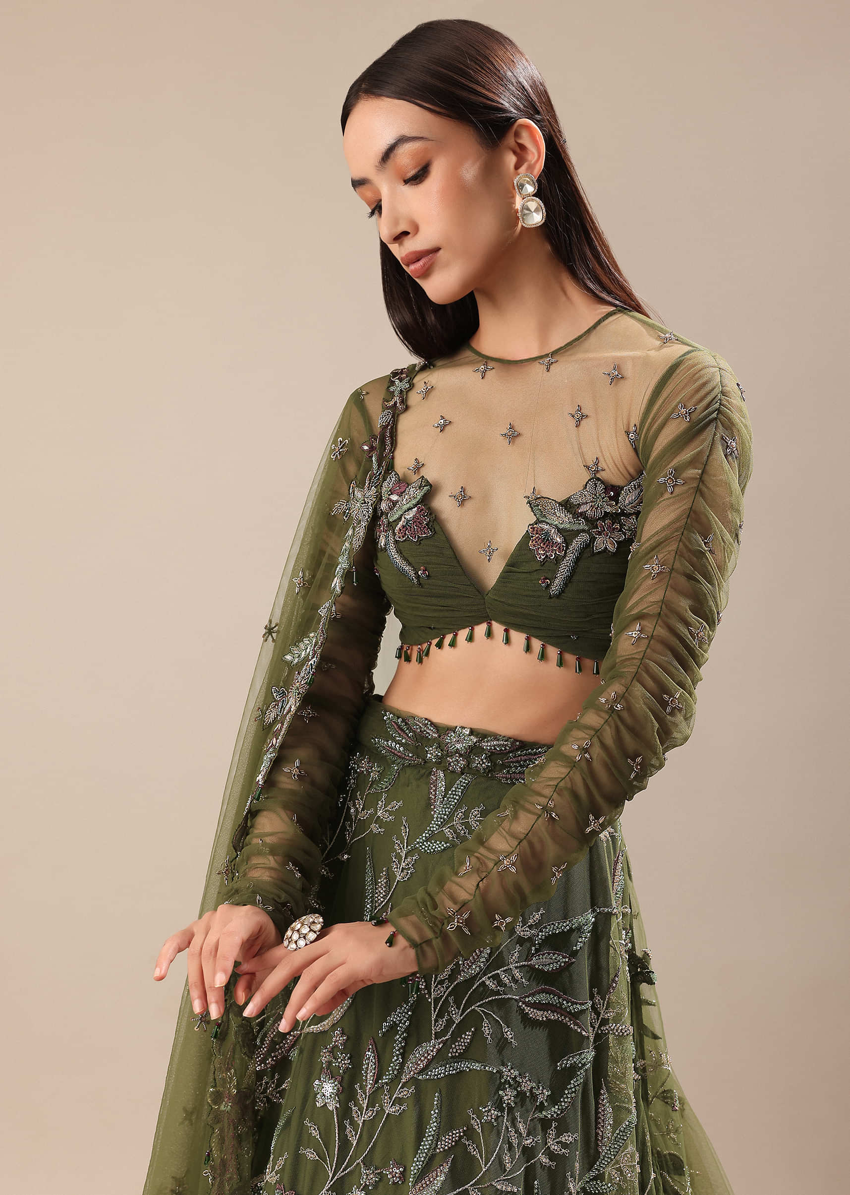 Olive Green Embroidered Lehenga And Blouse With Dupatta - Image 4