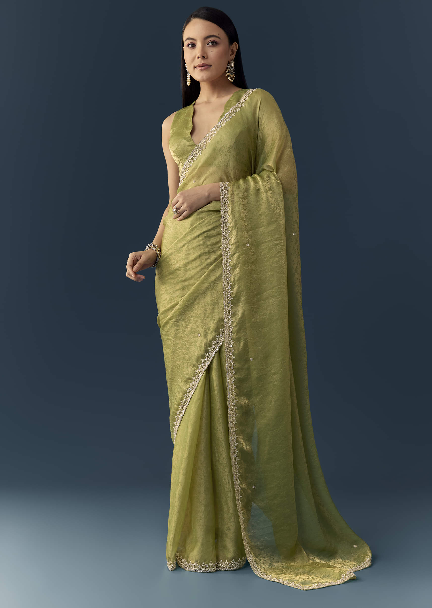 Olive Green Jacquard Printed Tissue Saree with Unstitched Blouse - Image 3