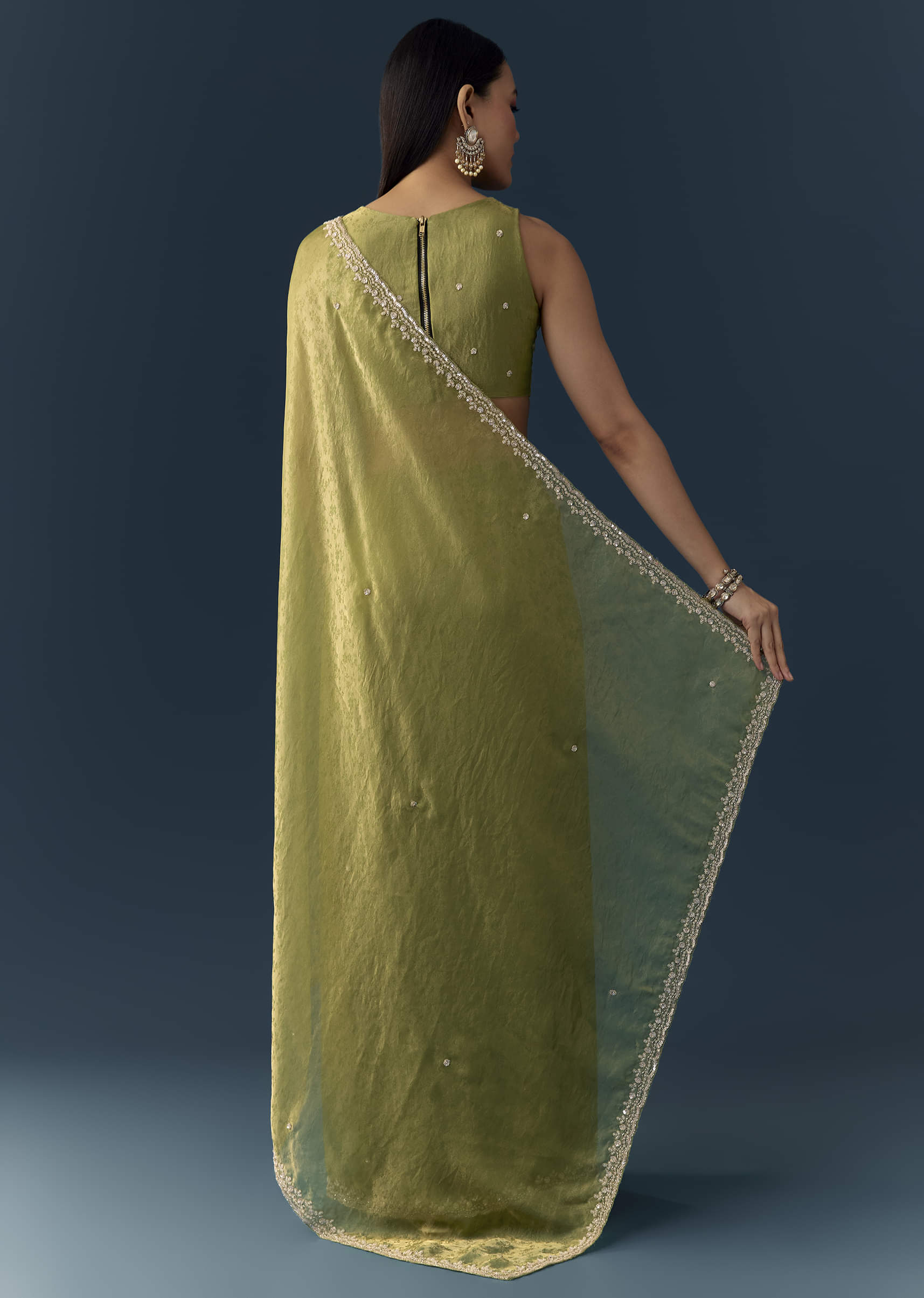 Olive Green Jacquard Printed Tissue Saree with Unstitched Blouse - Image 4