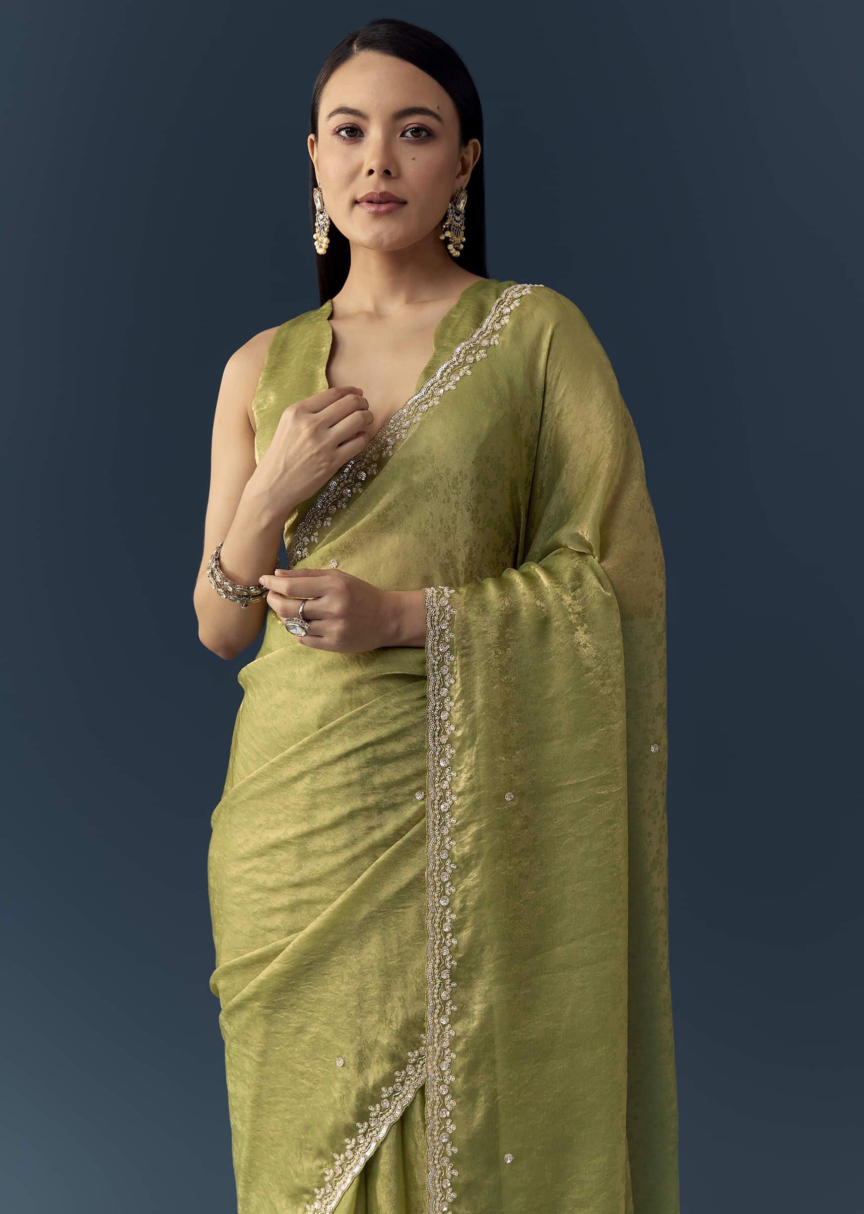 Olive Green Jacquard Printed Tissue Saree with Unstitched Blouse - Image 5