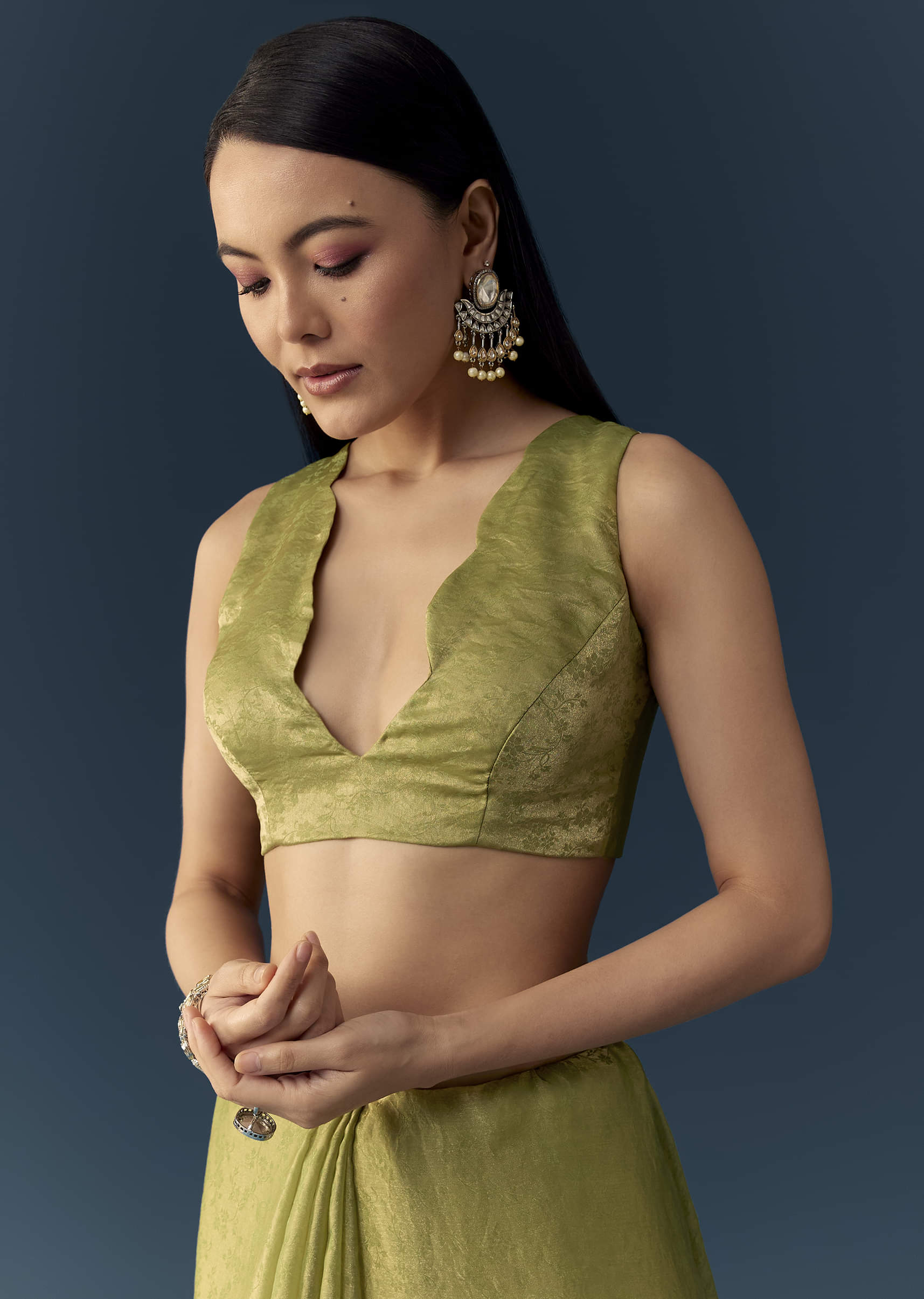 Olive Green Jacquard Printed Tissue Saree with Unstitched Blouse - Image 7