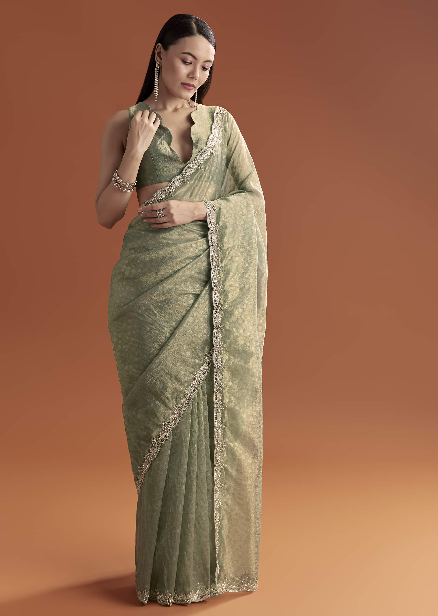 Olive Green Jacquard Saree With Stone And Sequin Embroidery - Image 3