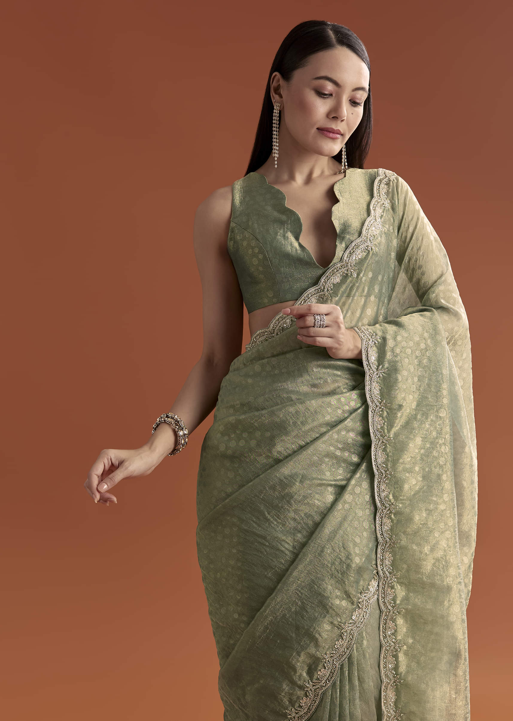 Olive Green Jacquard Saree With Stone And Sequin Embroidery - Image 4