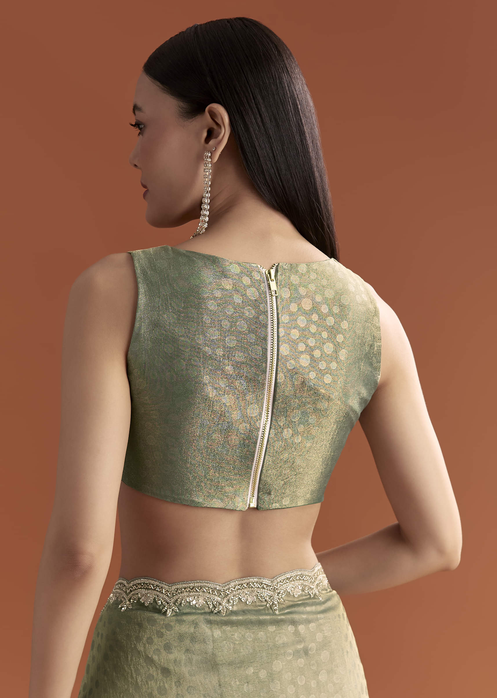 Olive Green Jacquard Saree With Stone And Sequin Embroidery - Image 6