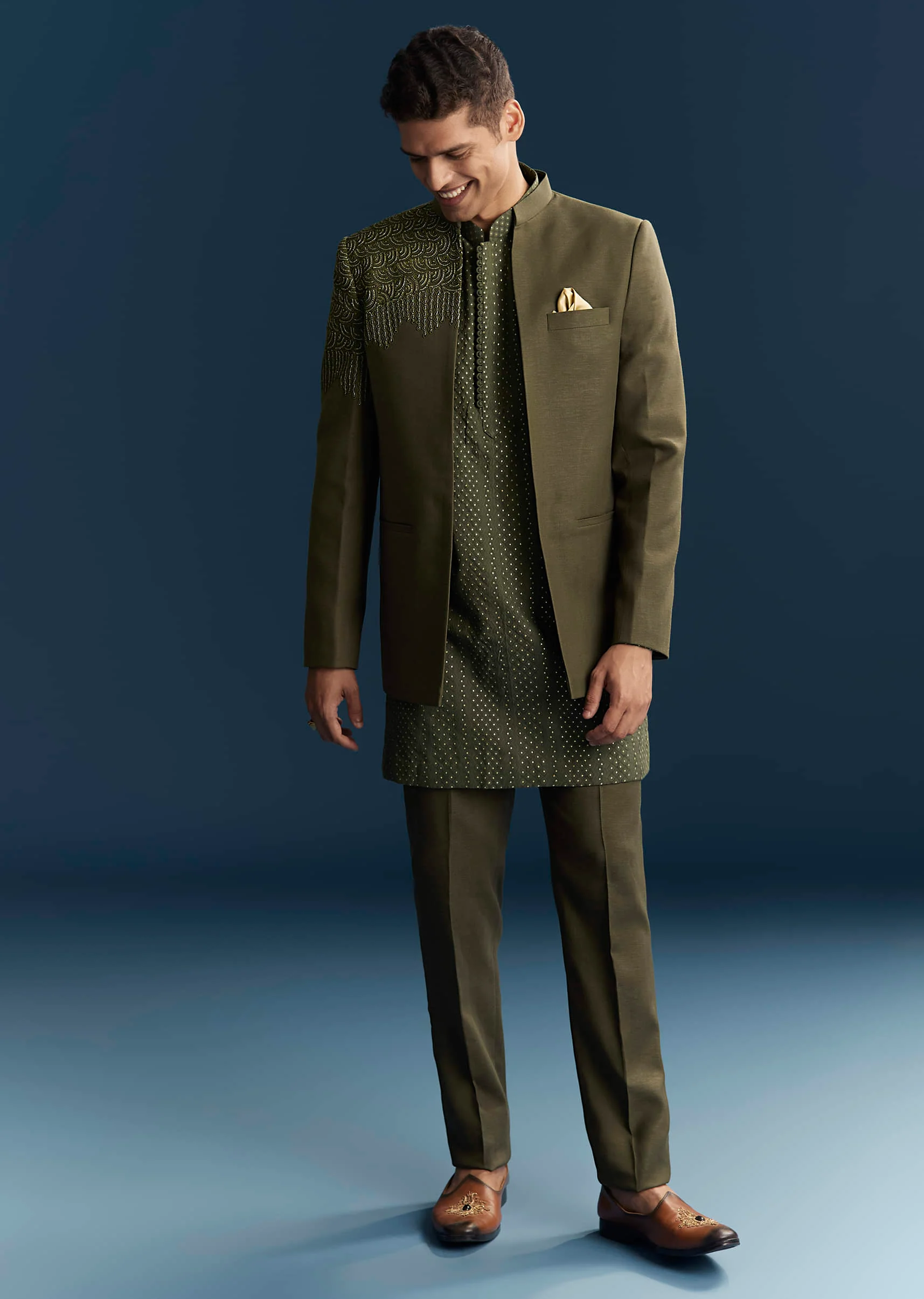 Olive Green Jodhpuri Suit For Men With Resham And Beads Embroidery - Image 3