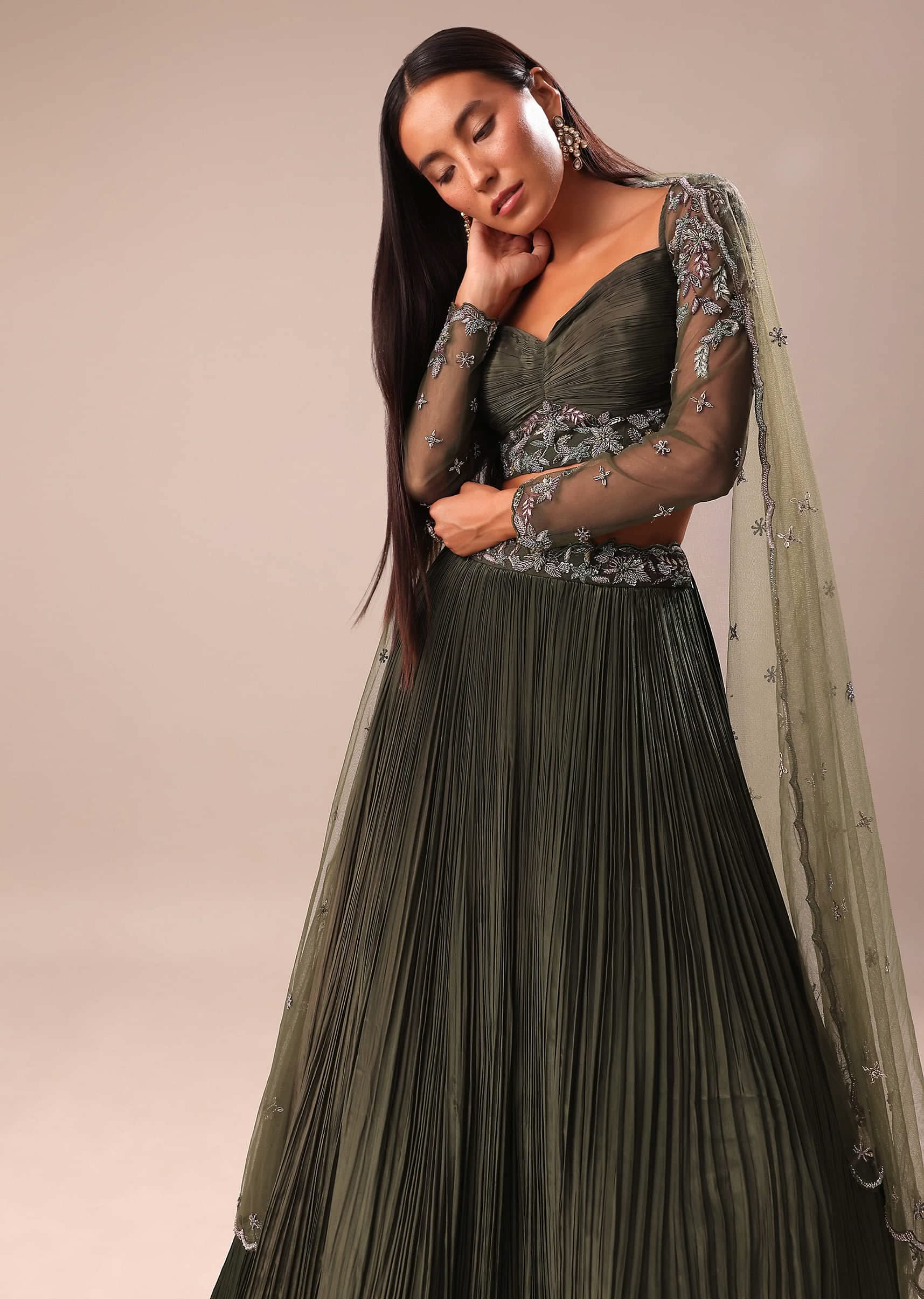 Olive Green Lehenga With Embroidered Blouse And Dupatta - Image 2