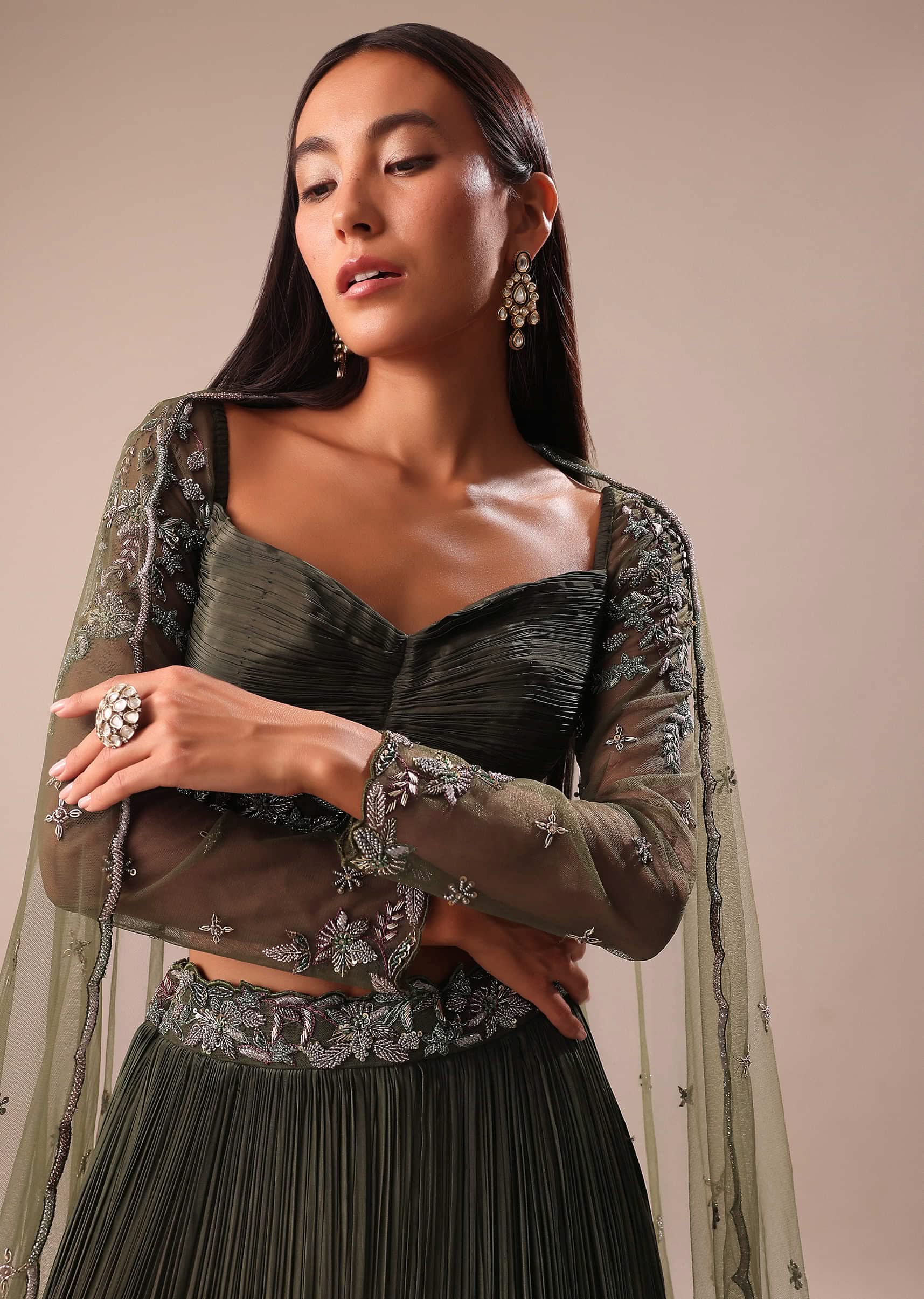 Olive Green Lehenga With Embroidered Blouse And Dupatta - Image 4