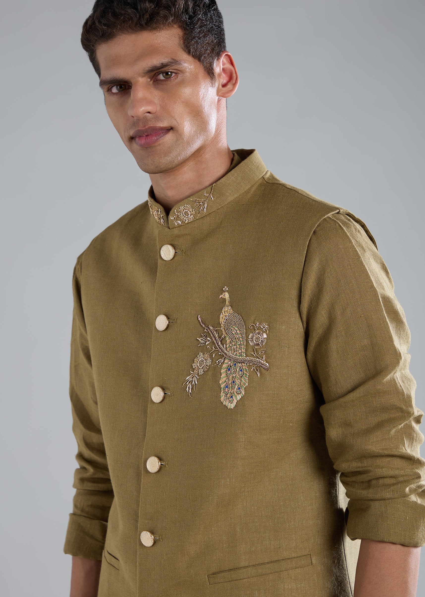 Olive Green Linen Kurta Jacket Set With Zardosi Hand Work - Image 2