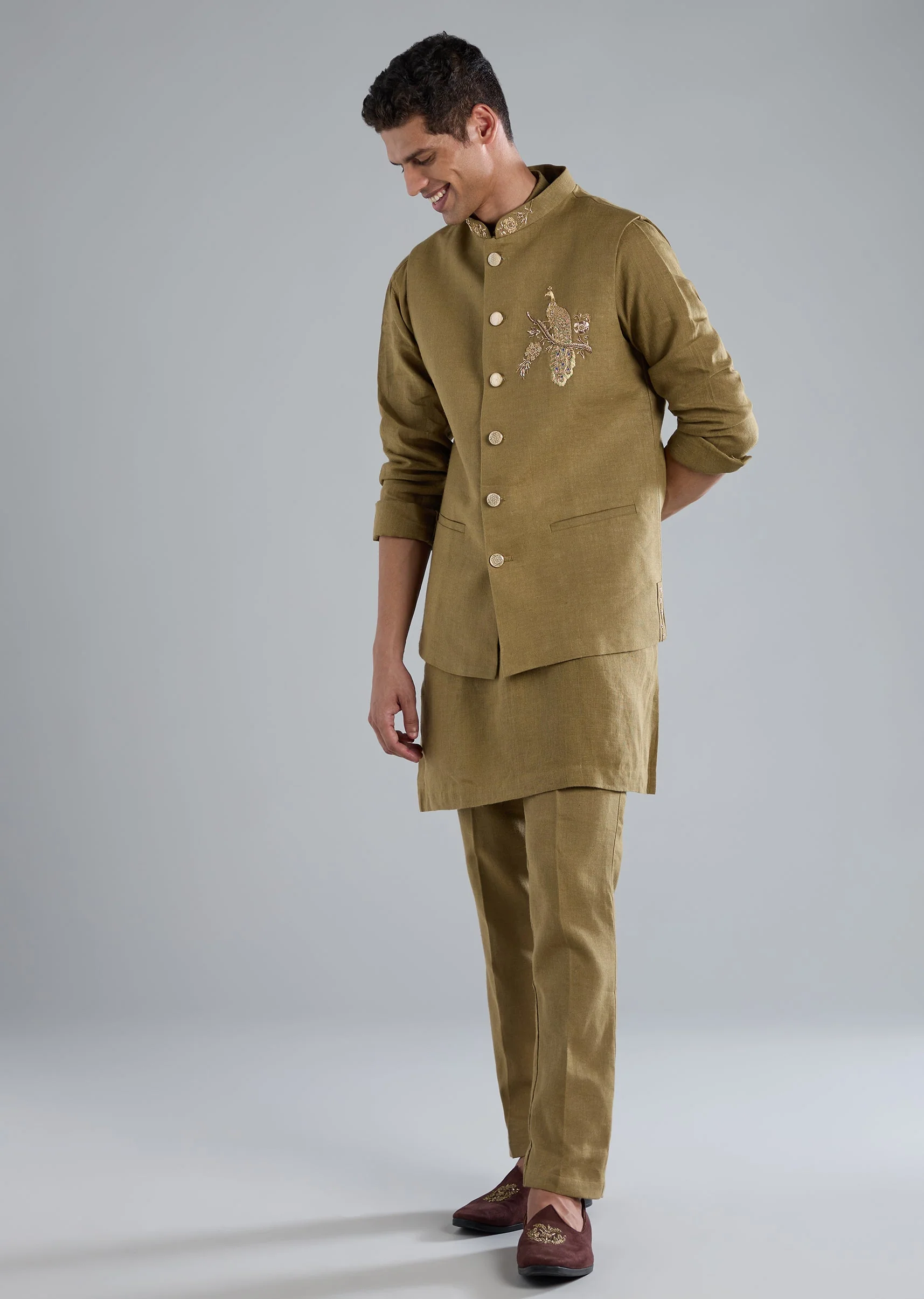Olive Green Linen Kurta Jacket Set With Zardosi Hand Work - Image 3