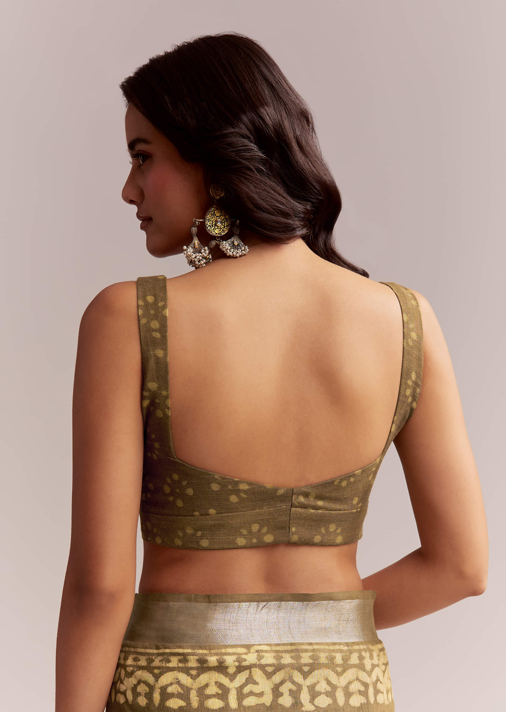 Olive Green Linen Printed Saree With Heritage Ajrakh Geometric Print - Image 8