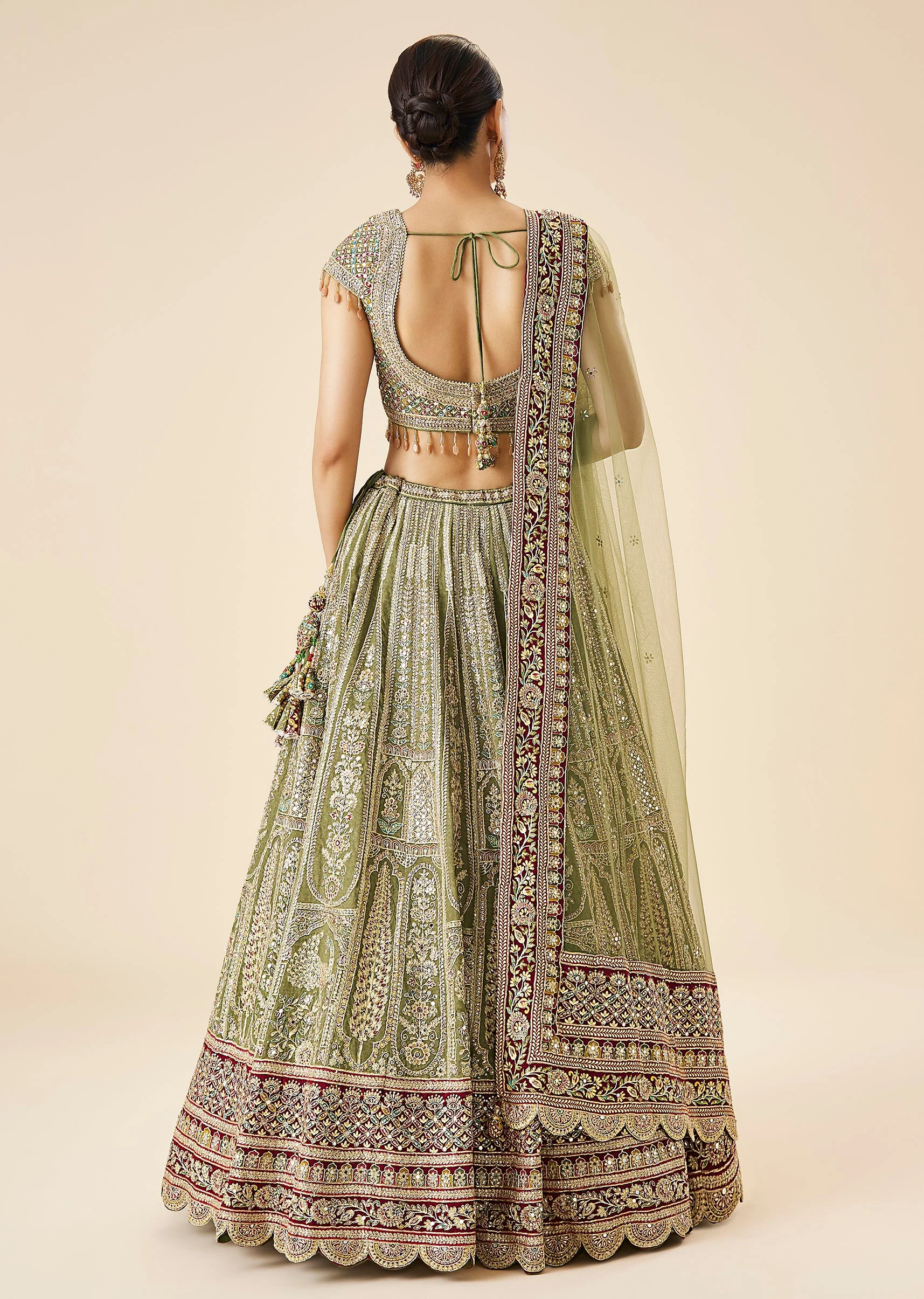 Olive Green Printed And Embroidered Bridal Lehenga Set - Image 2