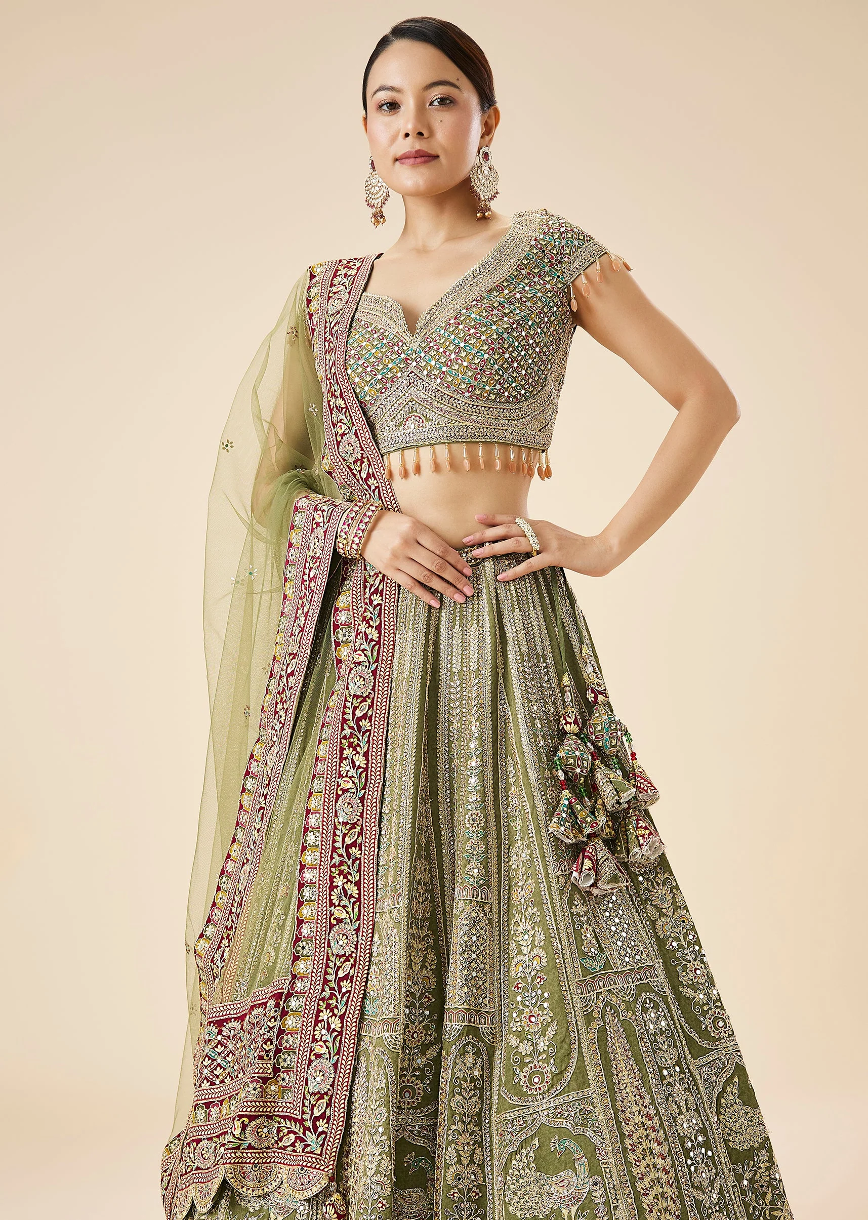 Olive Green Printed And Embroidered Bridal Lehenga Set - Image 5