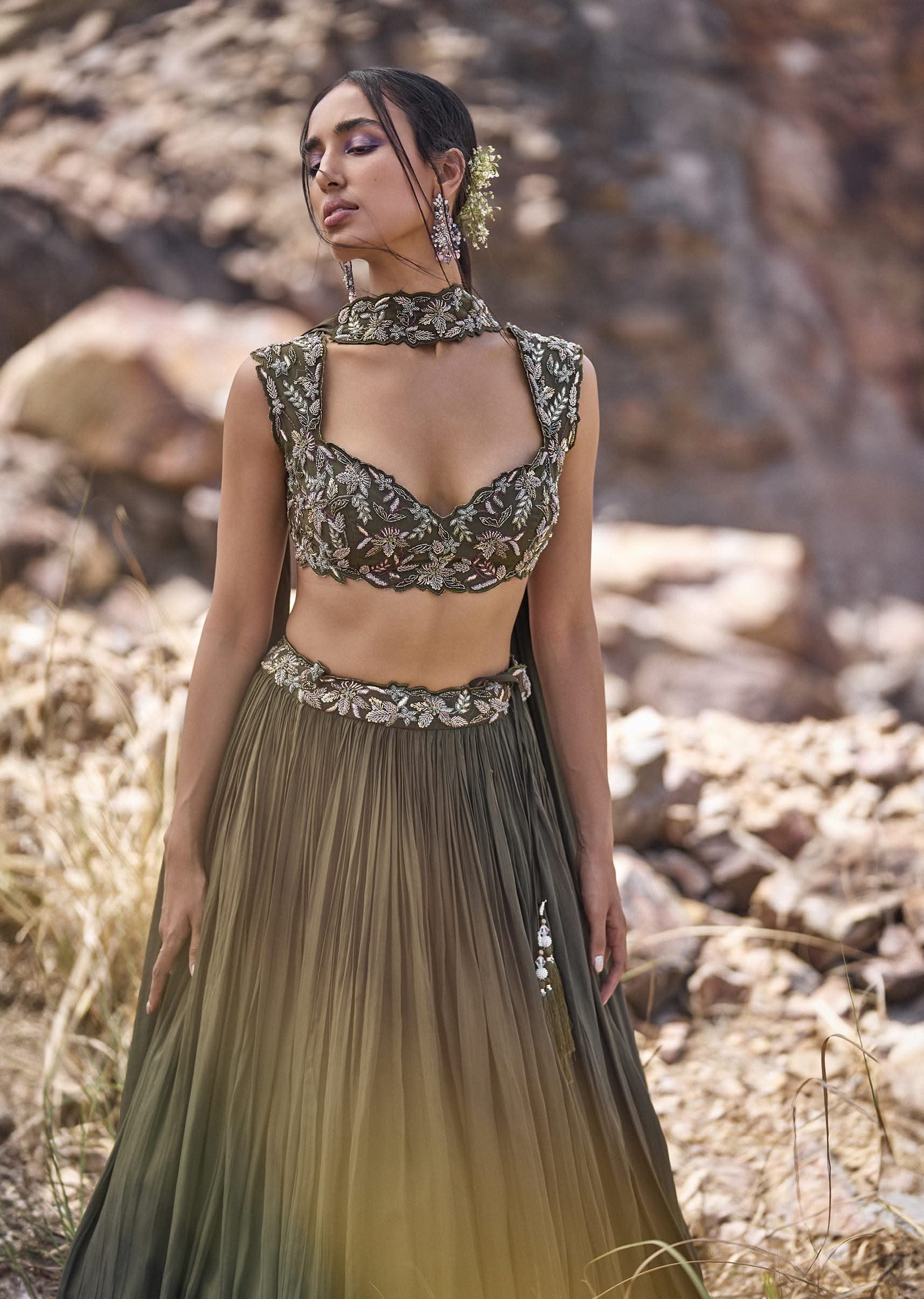 Olive Green Ruched Lehenga With Blouse And Asymmetric Dupatta - Image 2