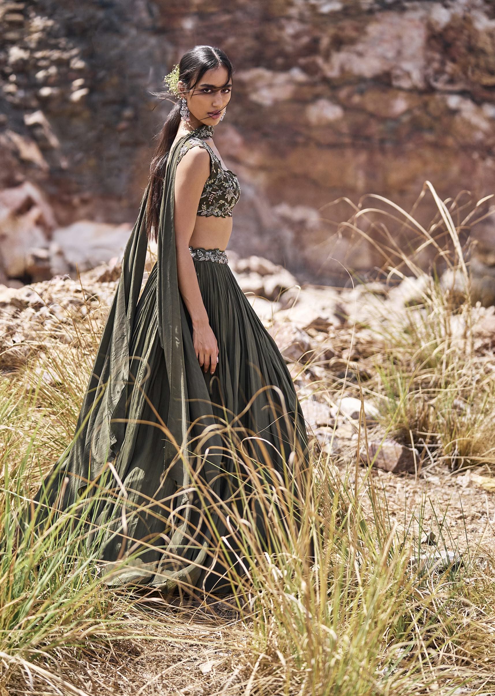 Olive Green Ruched Lehenga With Blouse And Asymmetric Dupatta - Image 3