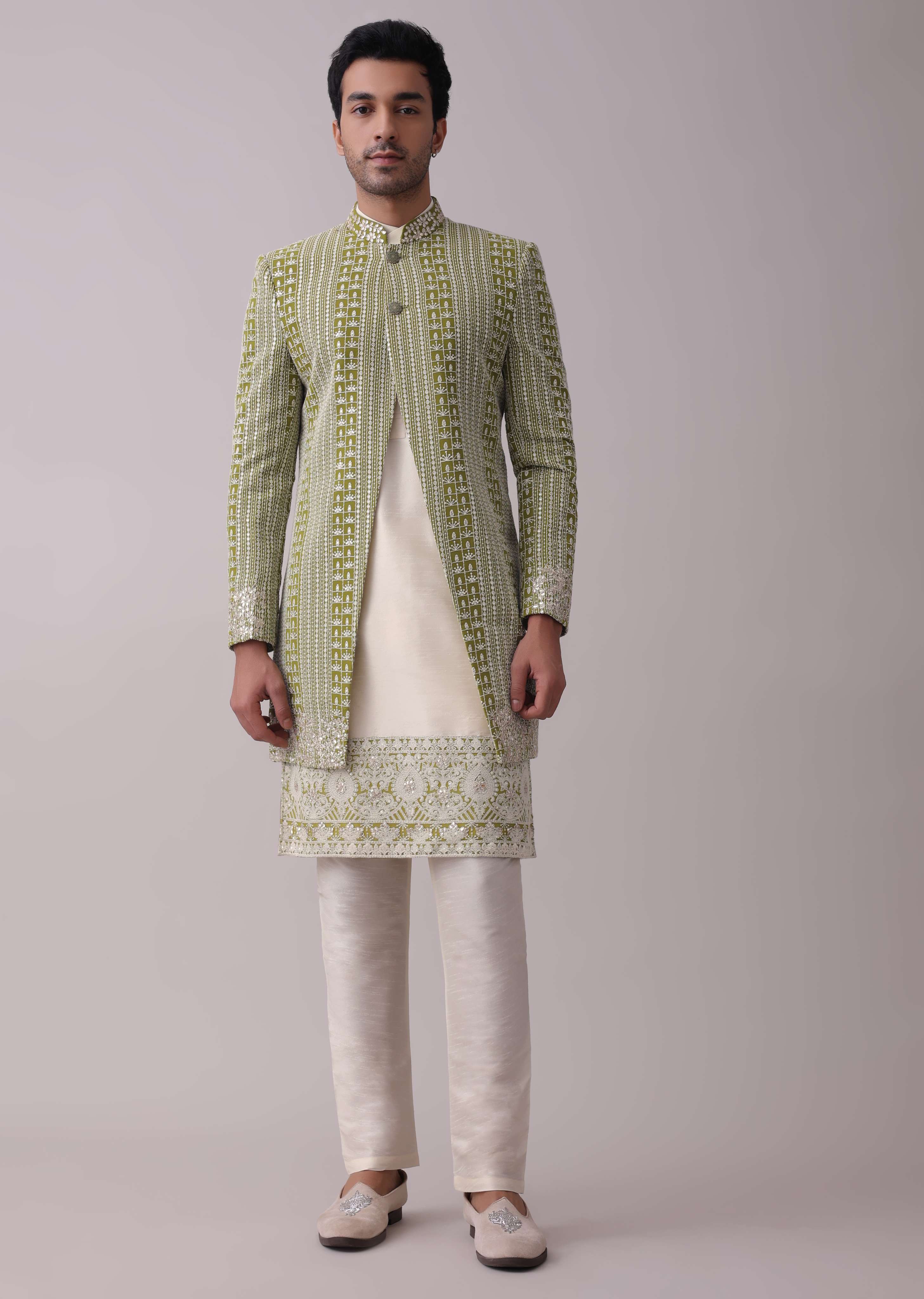Olive Green Sherwani Set In Silk With Lucknowi Embroidery And Sequins Work - Image 2