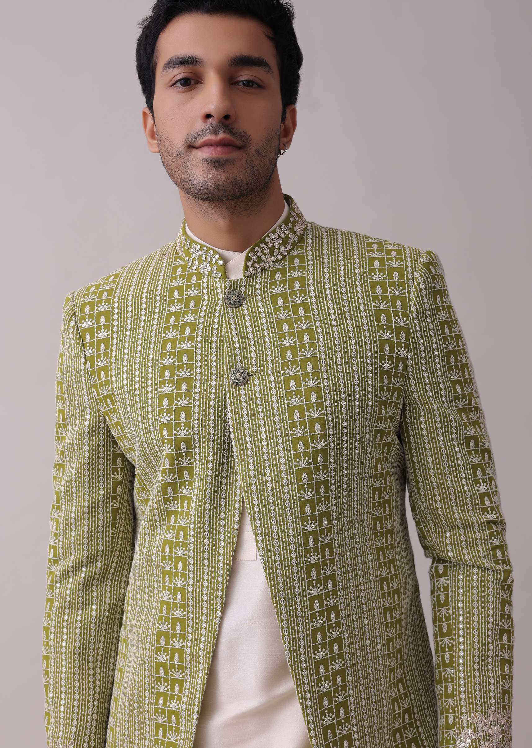 Olive Green Sherwani Set In Silk With Lucknowi Embroidery And Sequins Work - Image 6