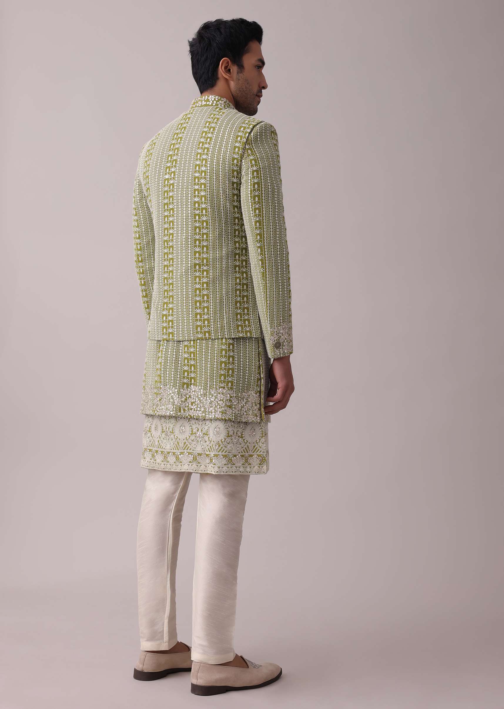 Olive Green Sherwani Set In Silk With Lucknowi Embroidery And Sequins Work - Image 7