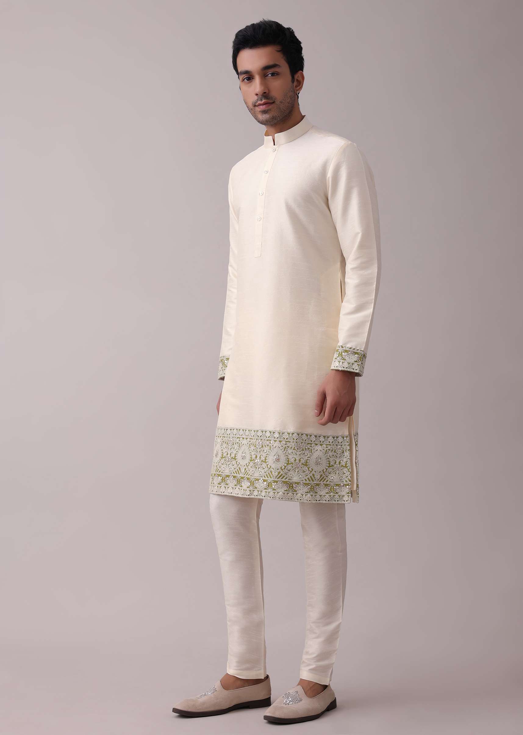 Olive Green Sherwani Set In Silk With Lucknowi Embroidery And Sequins Work - Image 8