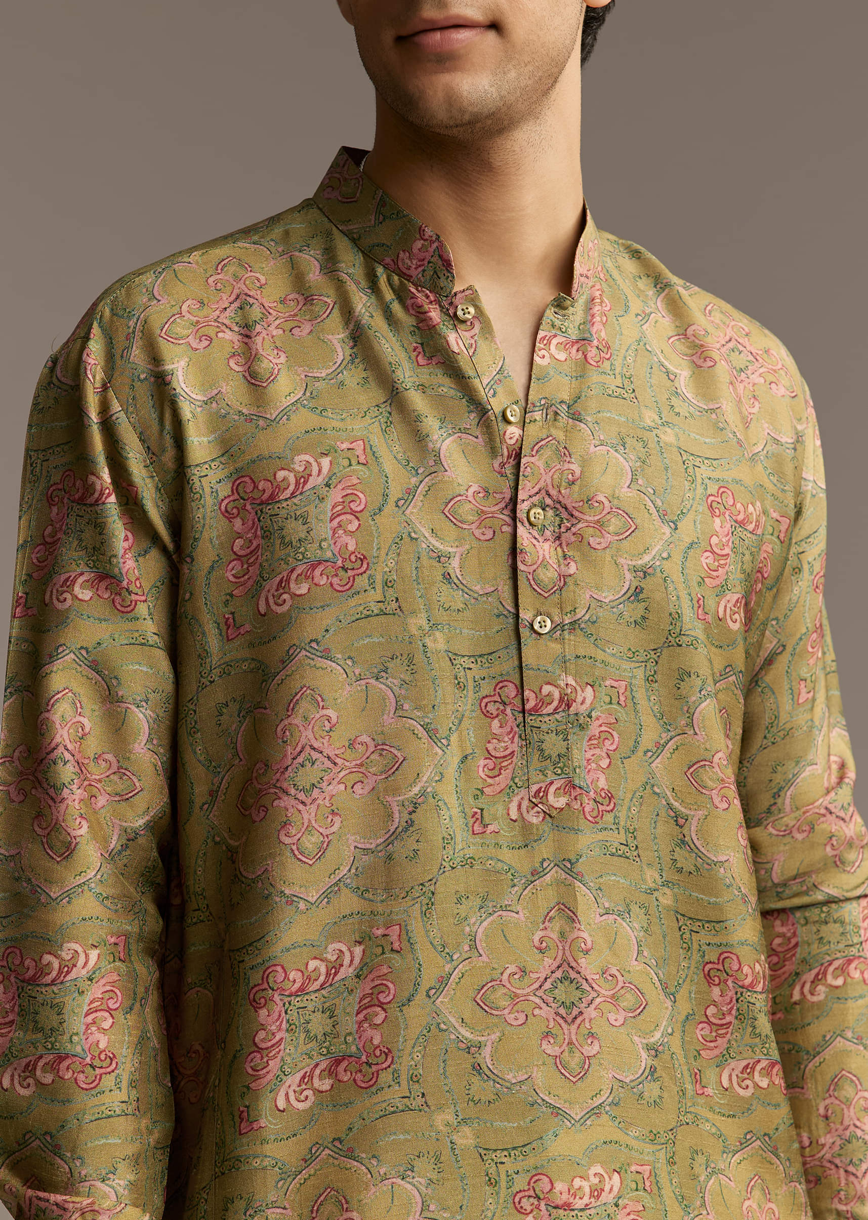Olive Green Silk Designer Kurta For Men With Vintage Floral Motif Print - Image 2