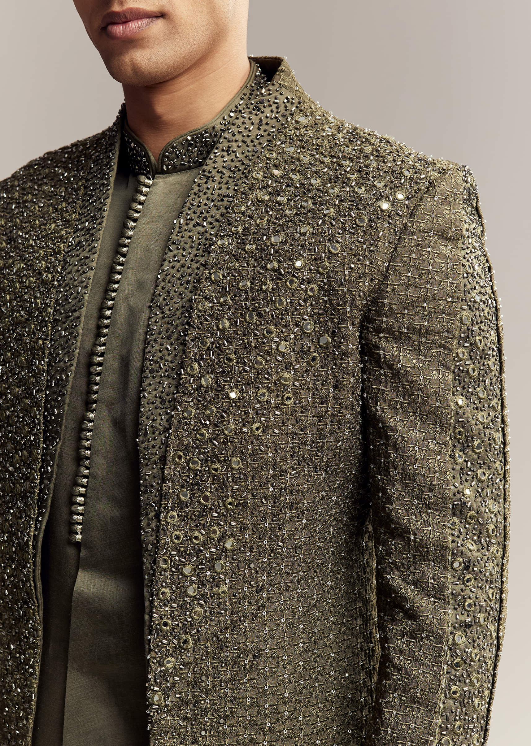 Olive Green Silk Indo Western For Men With Heavy Embroidery - Image 2