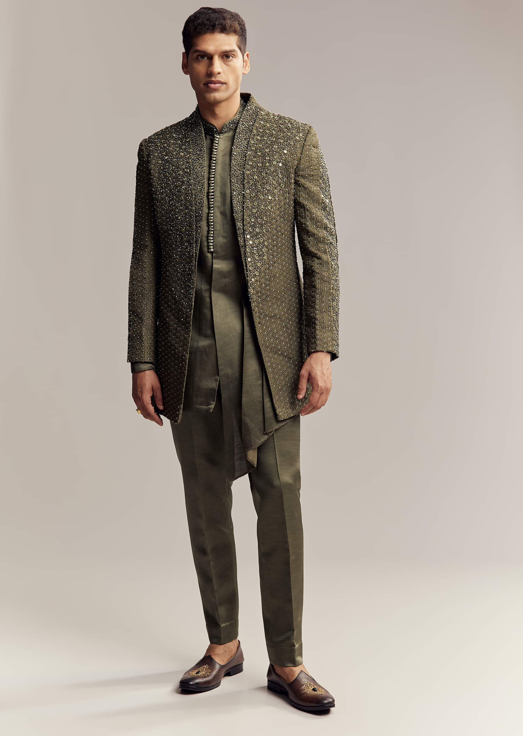 Olive Green Silk Indo Western For Men With Heavy Embroidery - Image 3