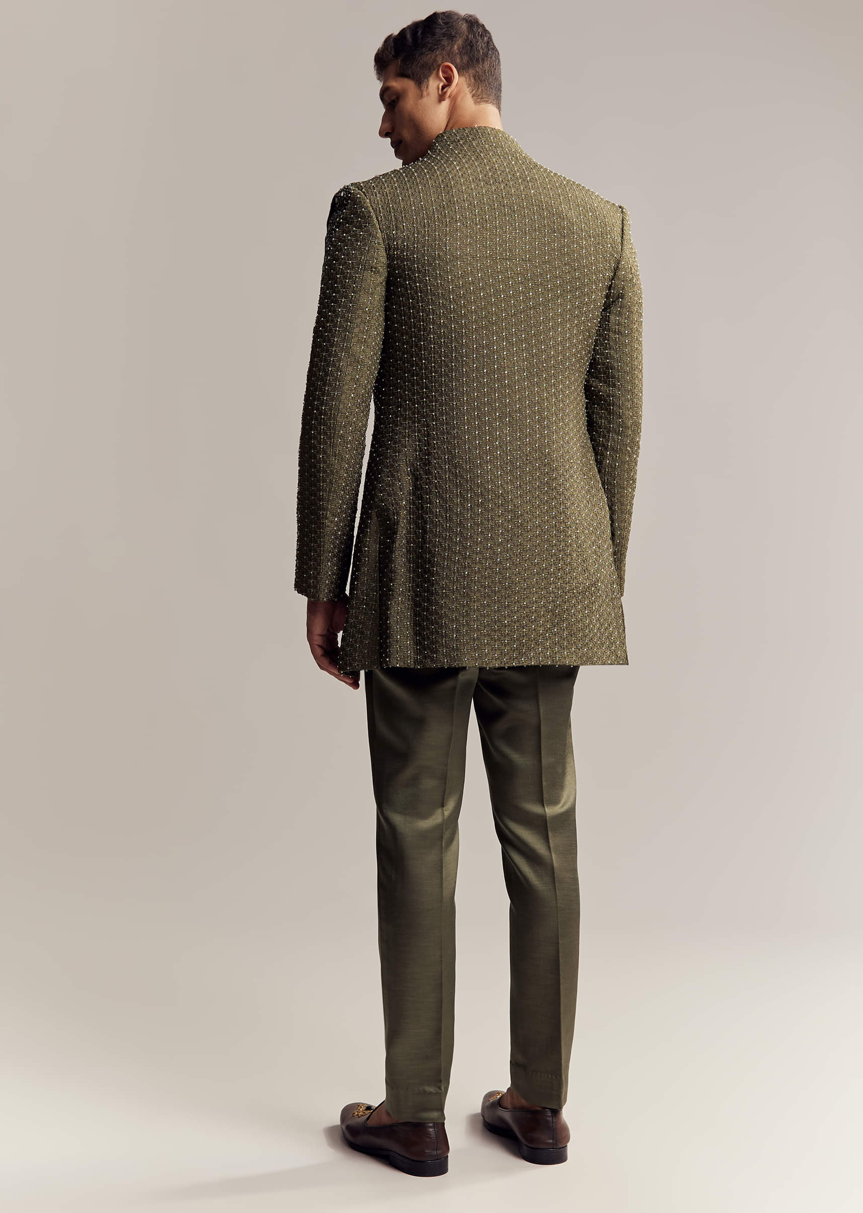 Olive Green Silk Indo Western For Men With Heavy Embroidery - Image 5