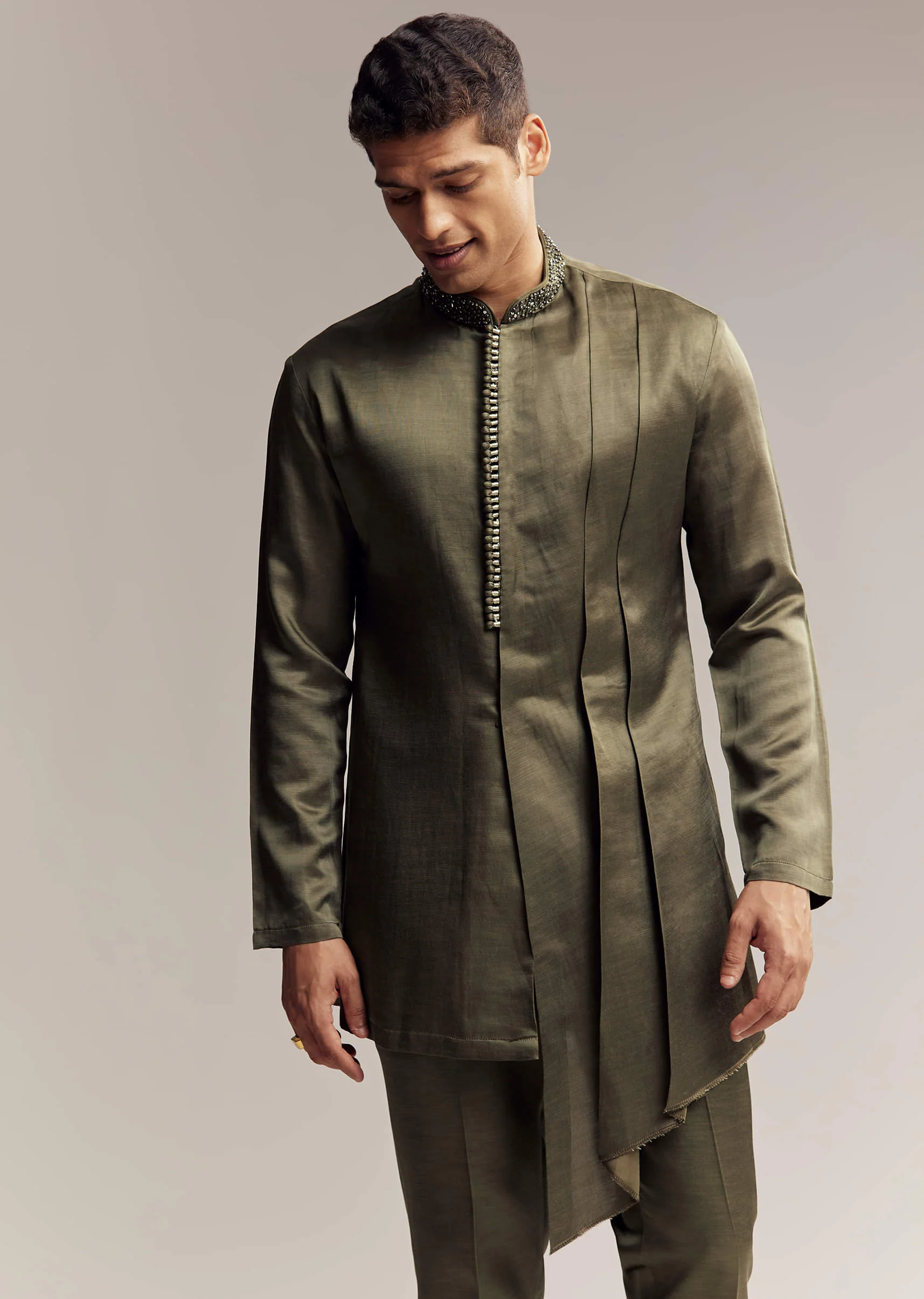 Olive Green Silk Indo Western For Men With Heavy Embroidery - Image 6