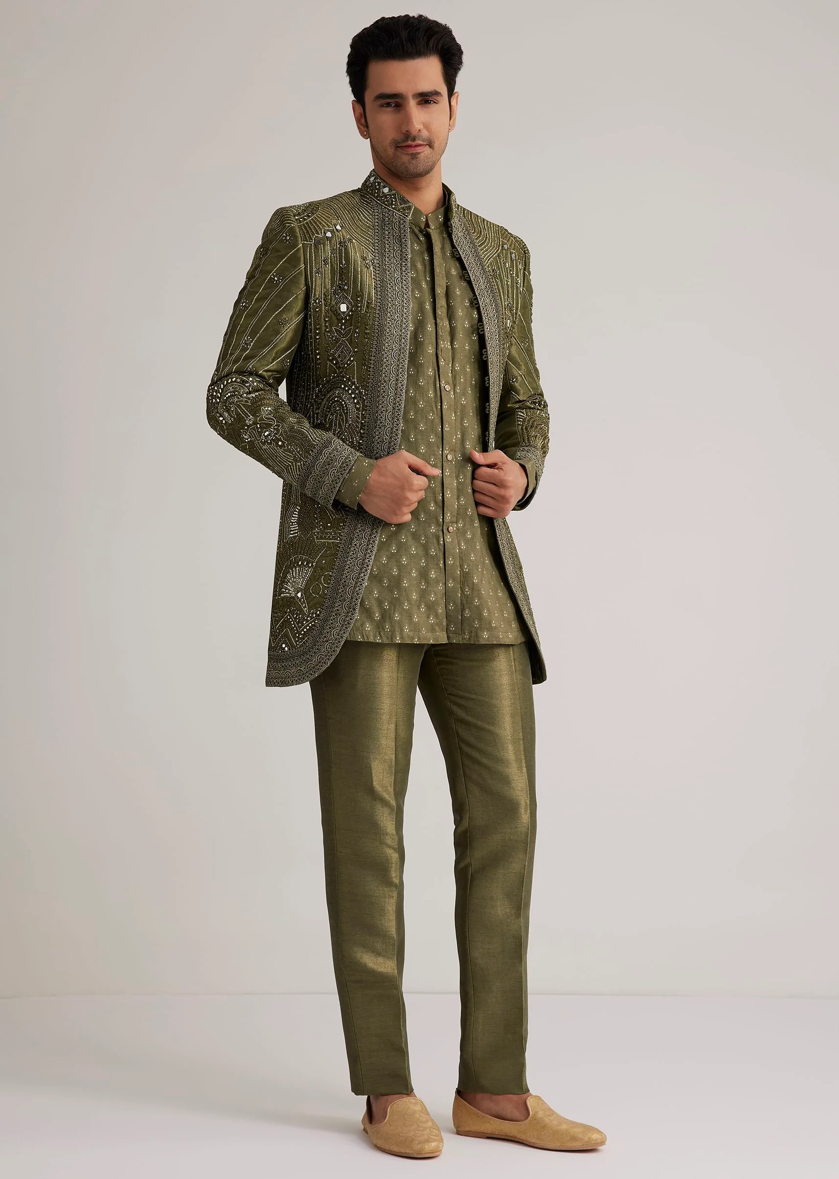 Olive Green Silk Indowestern Suit With Mirror Work - Image 2