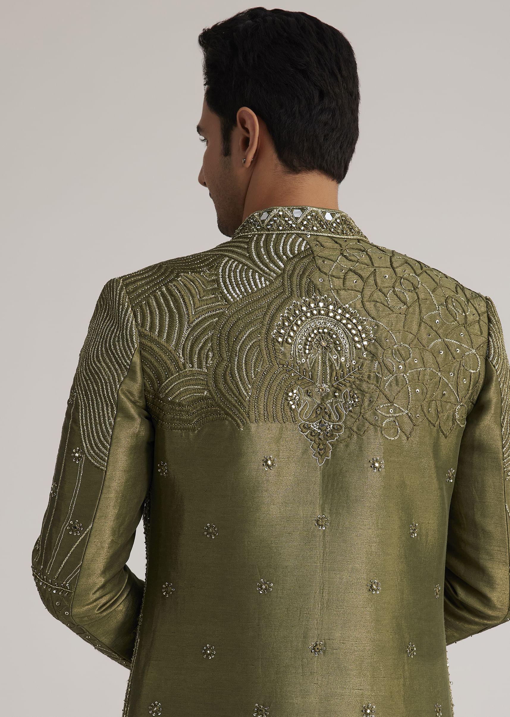 Olive Green Silk Indowestern Suit With Mirror Work - Image 4