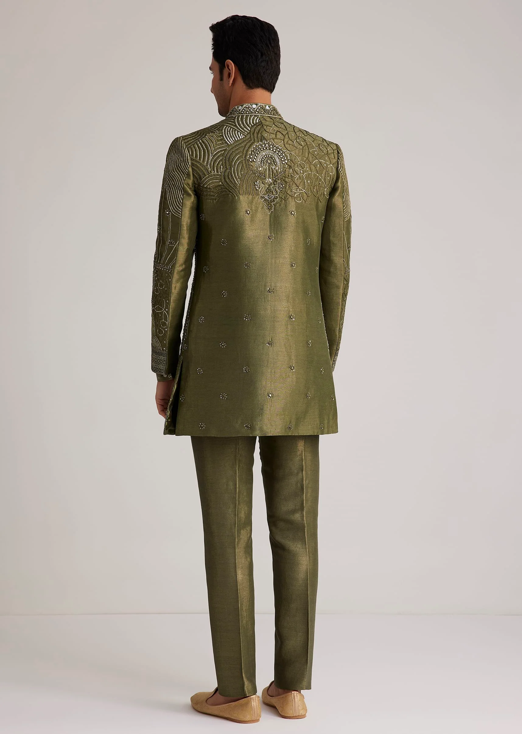 Olive Green Silk Indowestern Suit With Mirror Work - Image 6