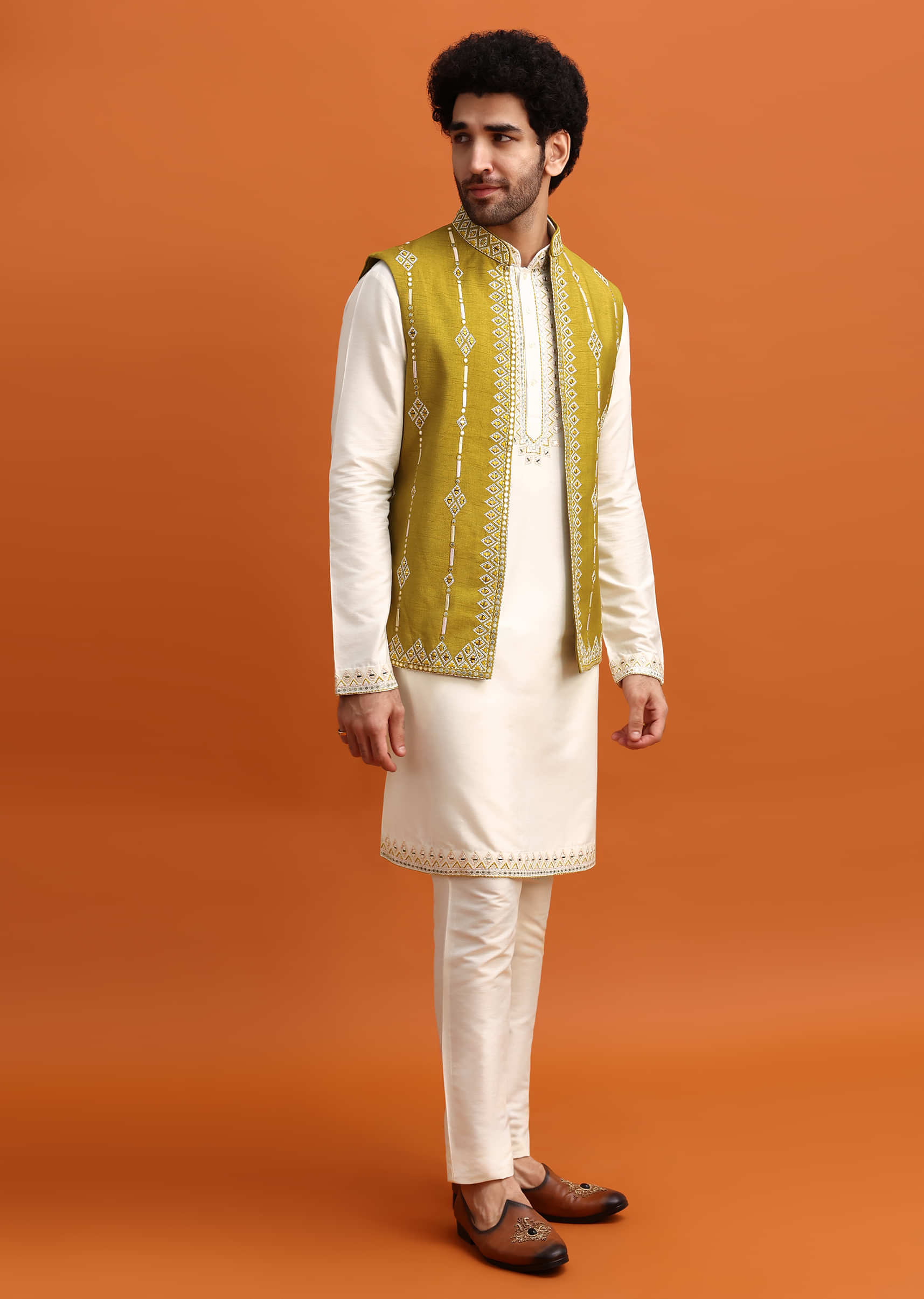 Olive Green Silk Kurta Jacket Set With Mirror Work - Image 3