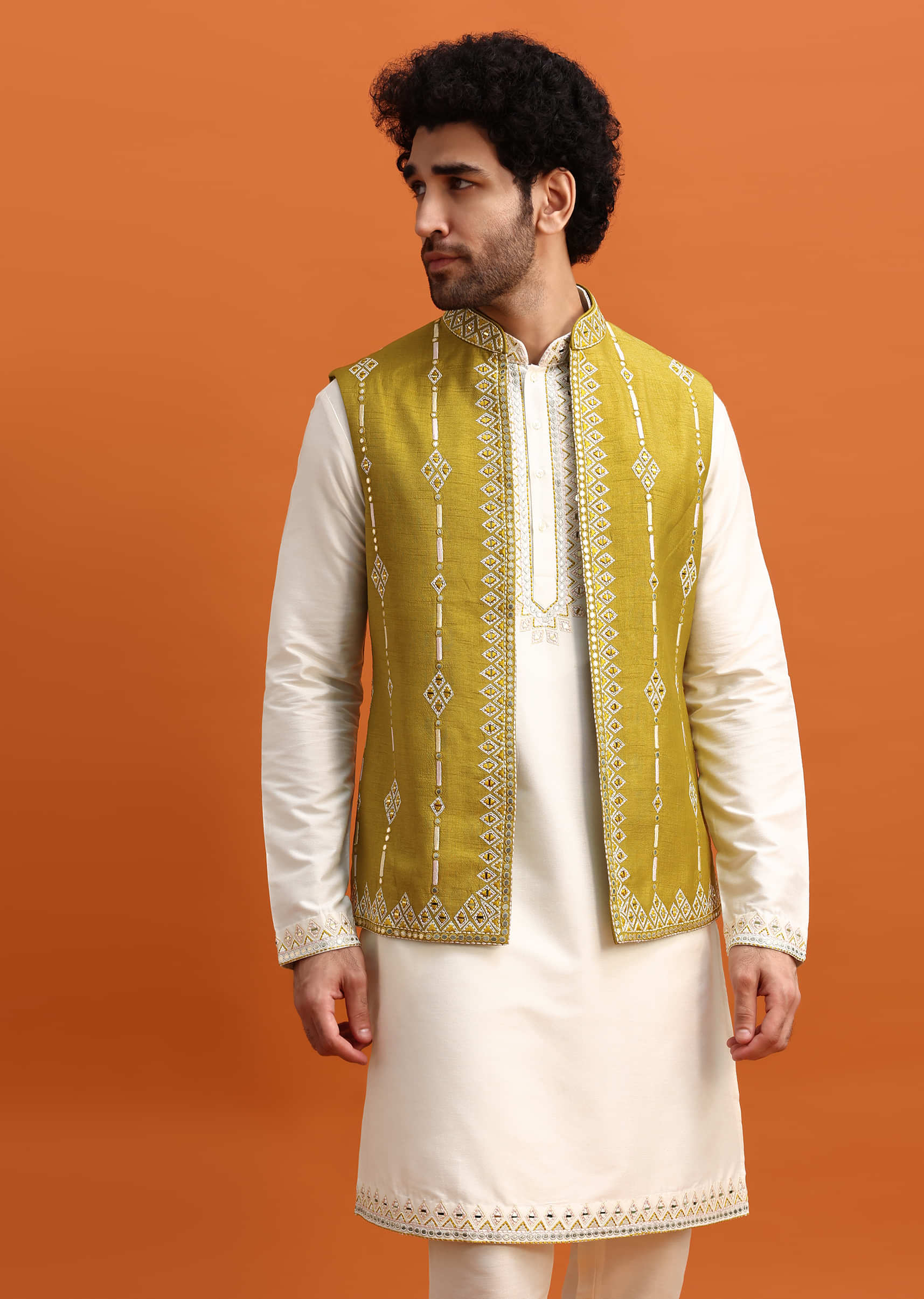 Olive Green Silk Kurta Jacket Set With Mirror Work - Image 4