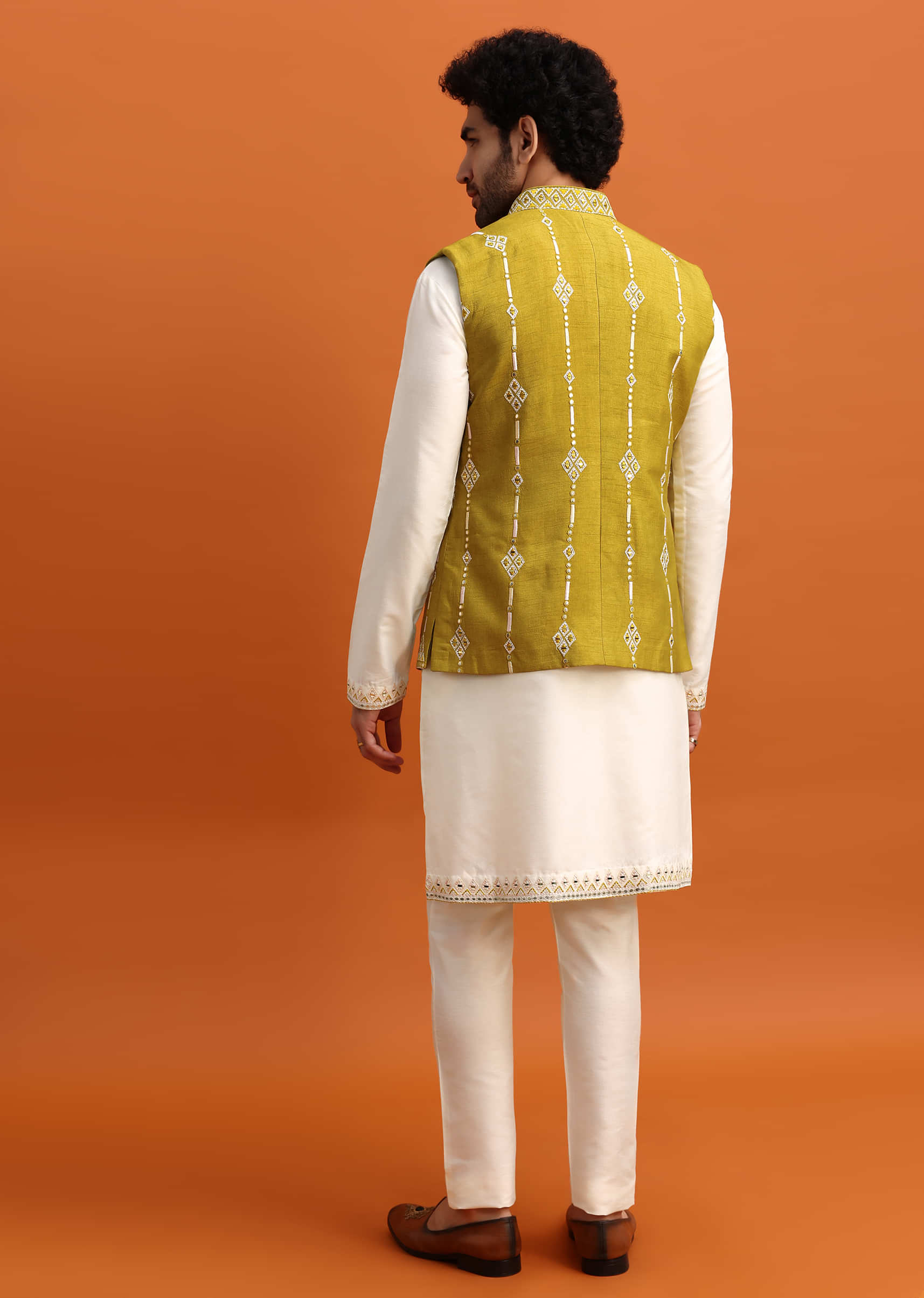 Olive Green Silk Kurta Jacket Set With Mirror Work - Image 5