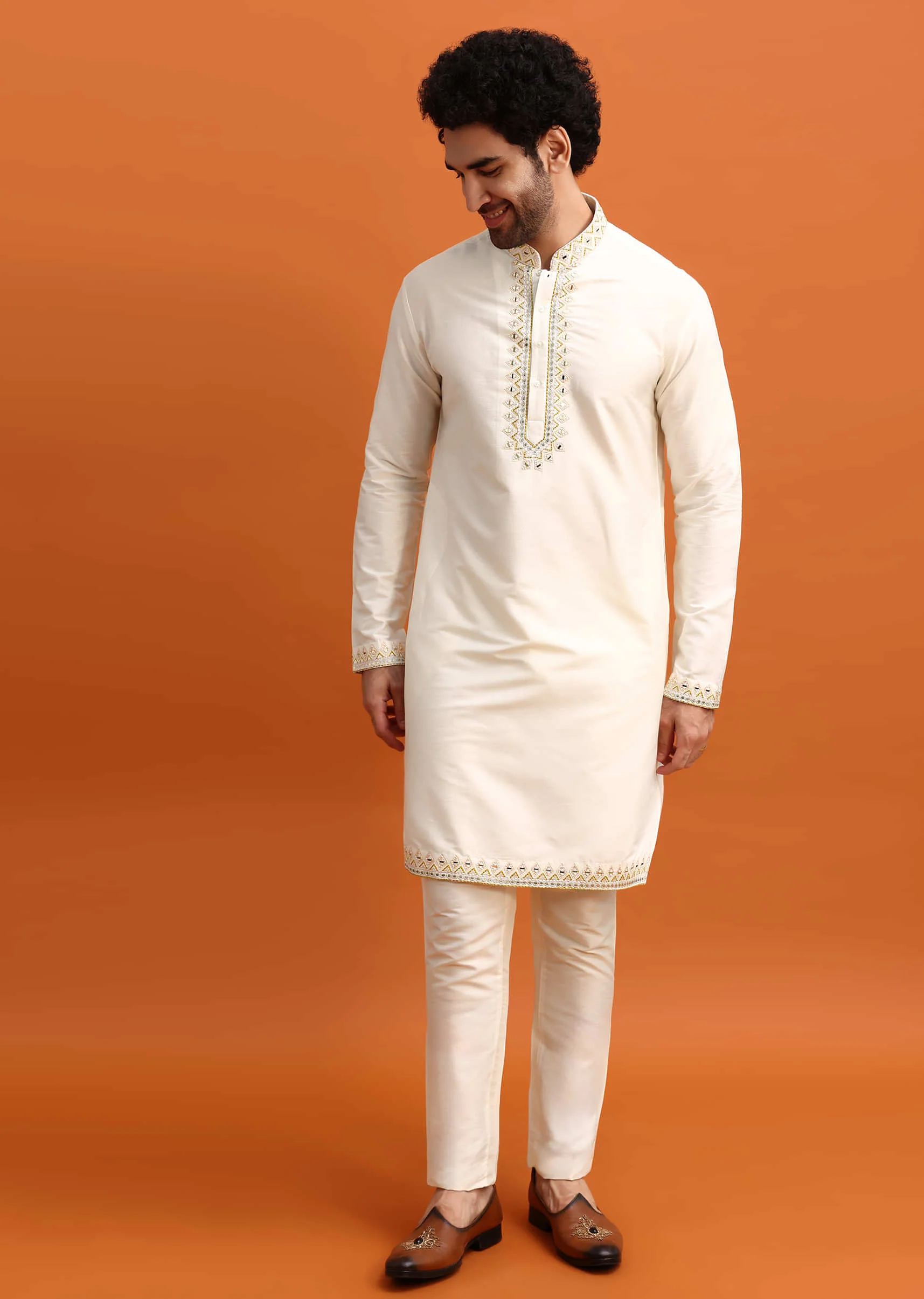 Olive Green Silk Kurta Jacket Set With Mirror Work - Image 6