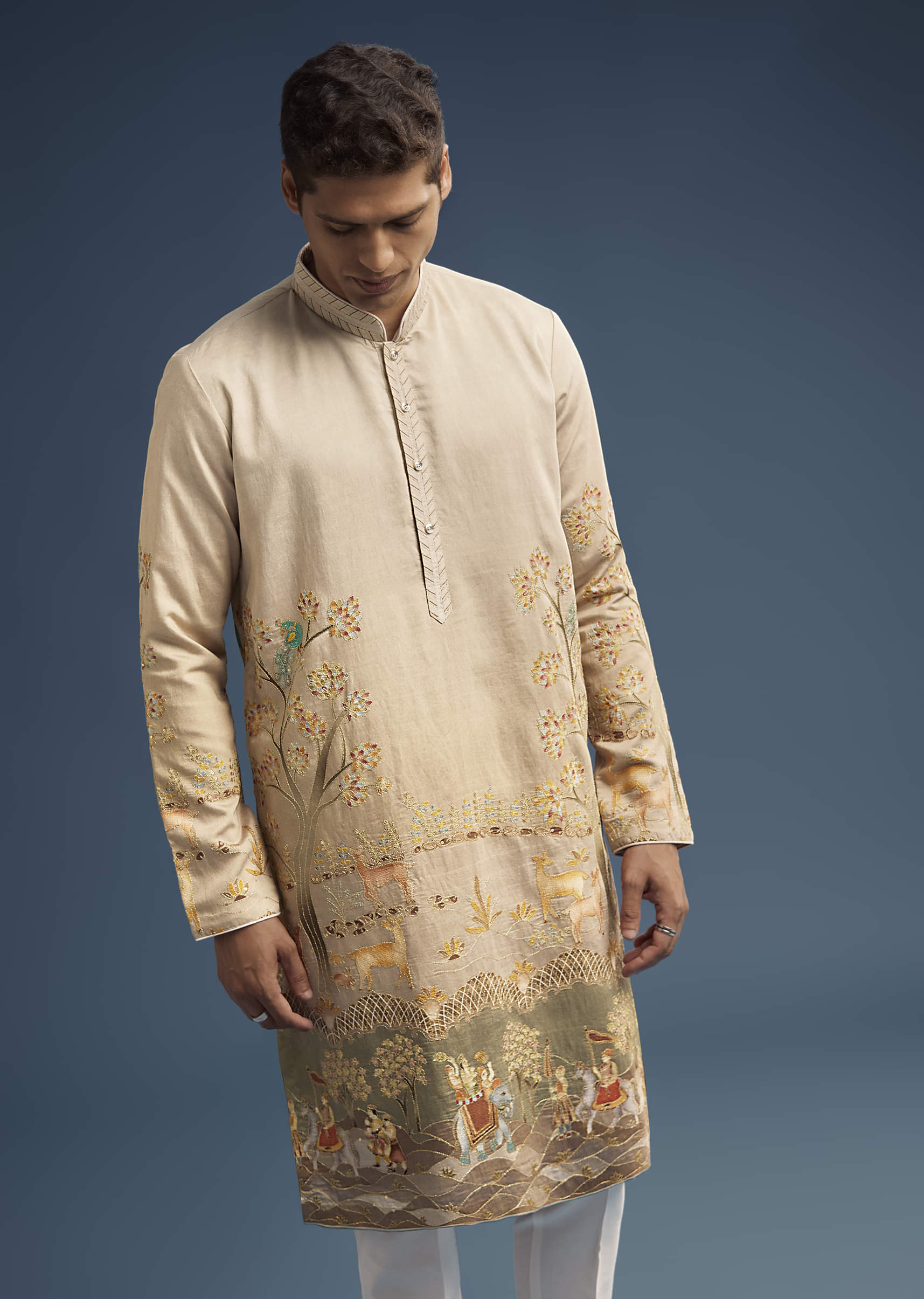 Olive Green Silk Kurta Set For Men With Digital Print - Image 4