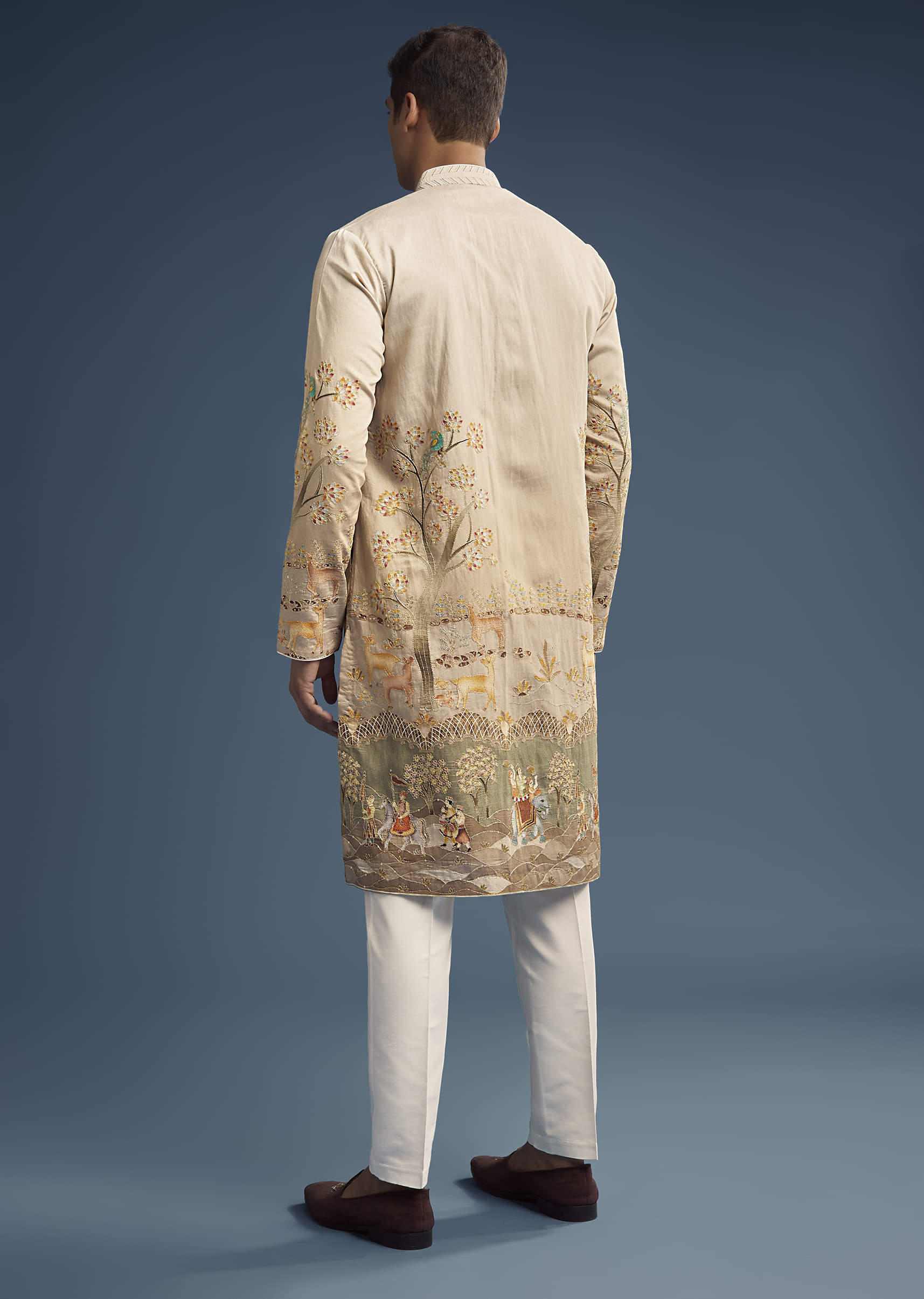 Olive Green Silk Kurta Set For Men With Digital Print - Image 5